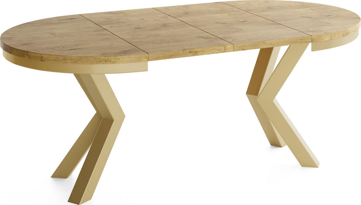 ESSTISCH Clara Gold runder ausziehbarer, Lancelot Eiche 100-180/100/76 cm - Eichefarben/Goldfarben, Holzwerkstoff/Metall (100/100/76cm) - WFL GROUP