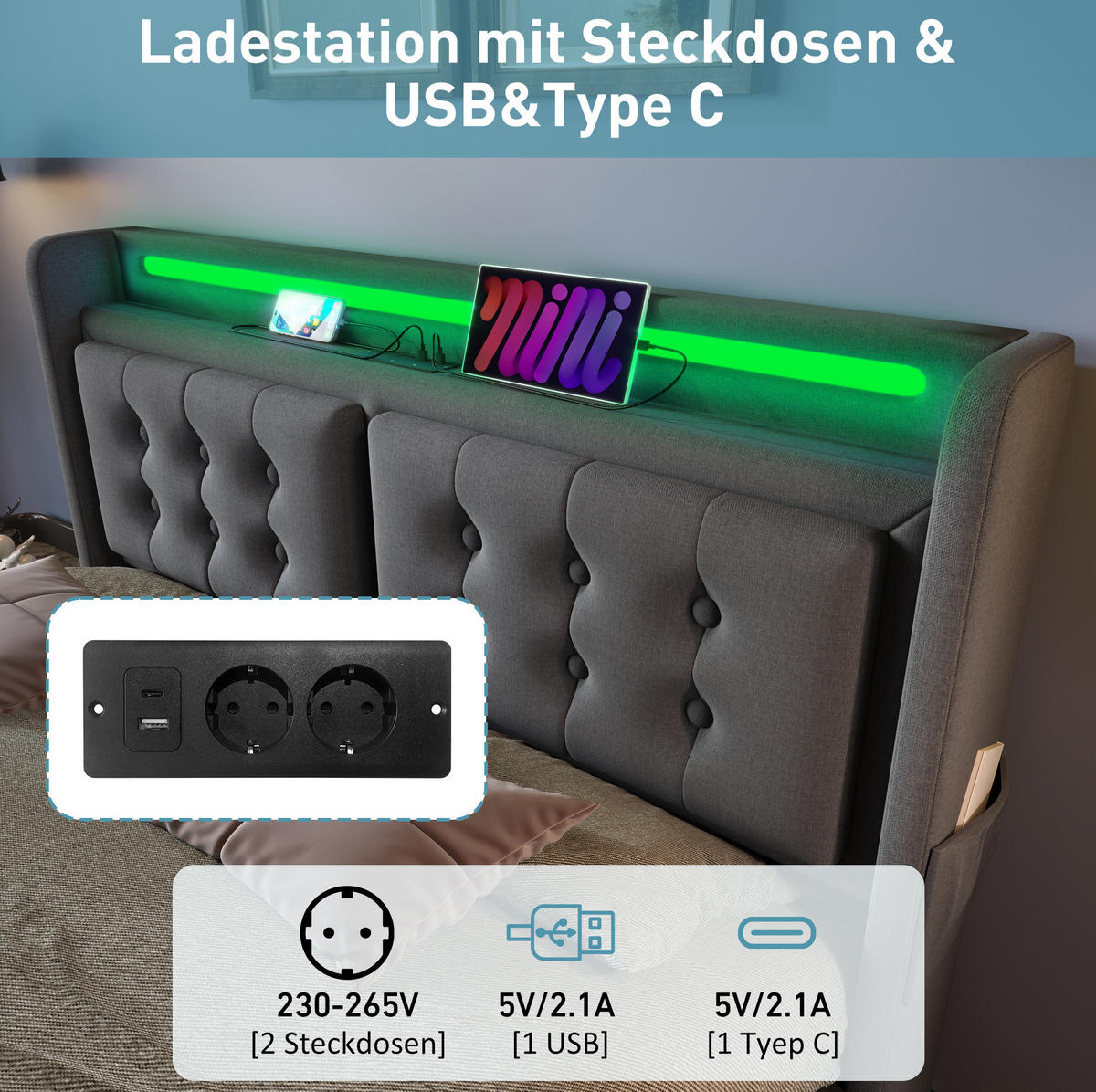 POLSTERBETT 140/200 cm Grau aus Baumwoll-Leinen mit LED und Ladefunktion - Grau, Textil (140/200cm) - OKMYHOME