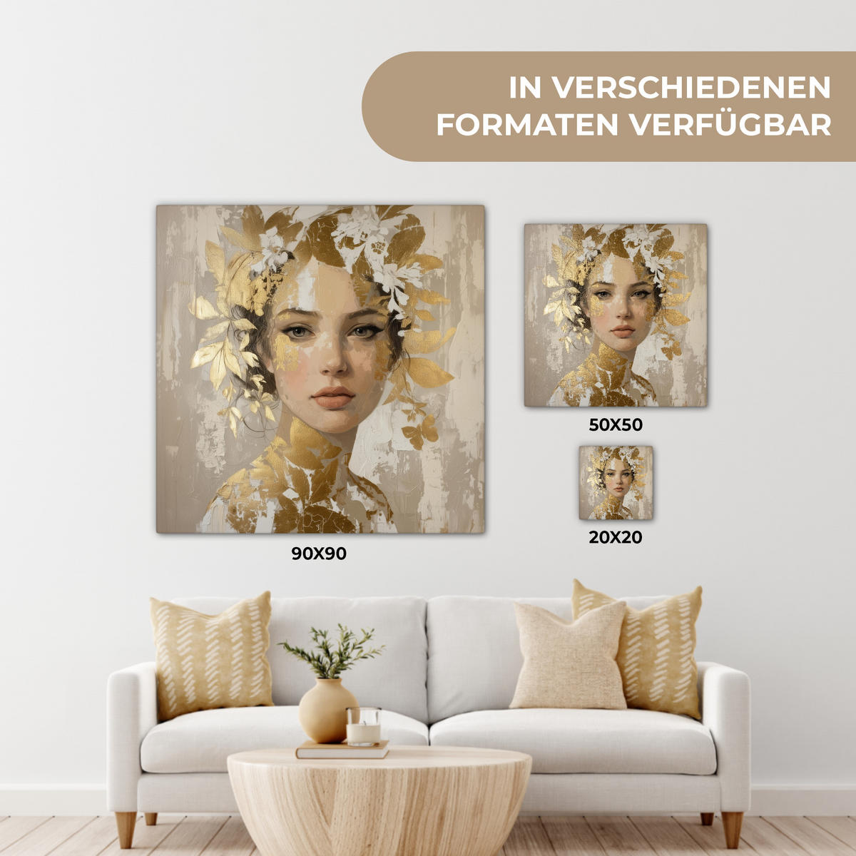 LEINWANDBILD Gesicht - Frau - Blätter - Gold Deko Groß 90x90 cm - Beige, Textil (90/90cm) - MuchoWow