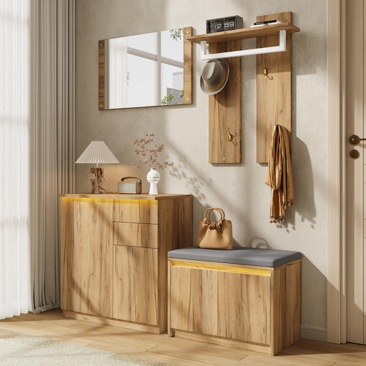 GARDEROBE 130x35x124.5cm mit Spiegel, LED und Schuhbank - Naturfarben, Holzwerkstoff (130/124.5/35cm) - FLIEKS