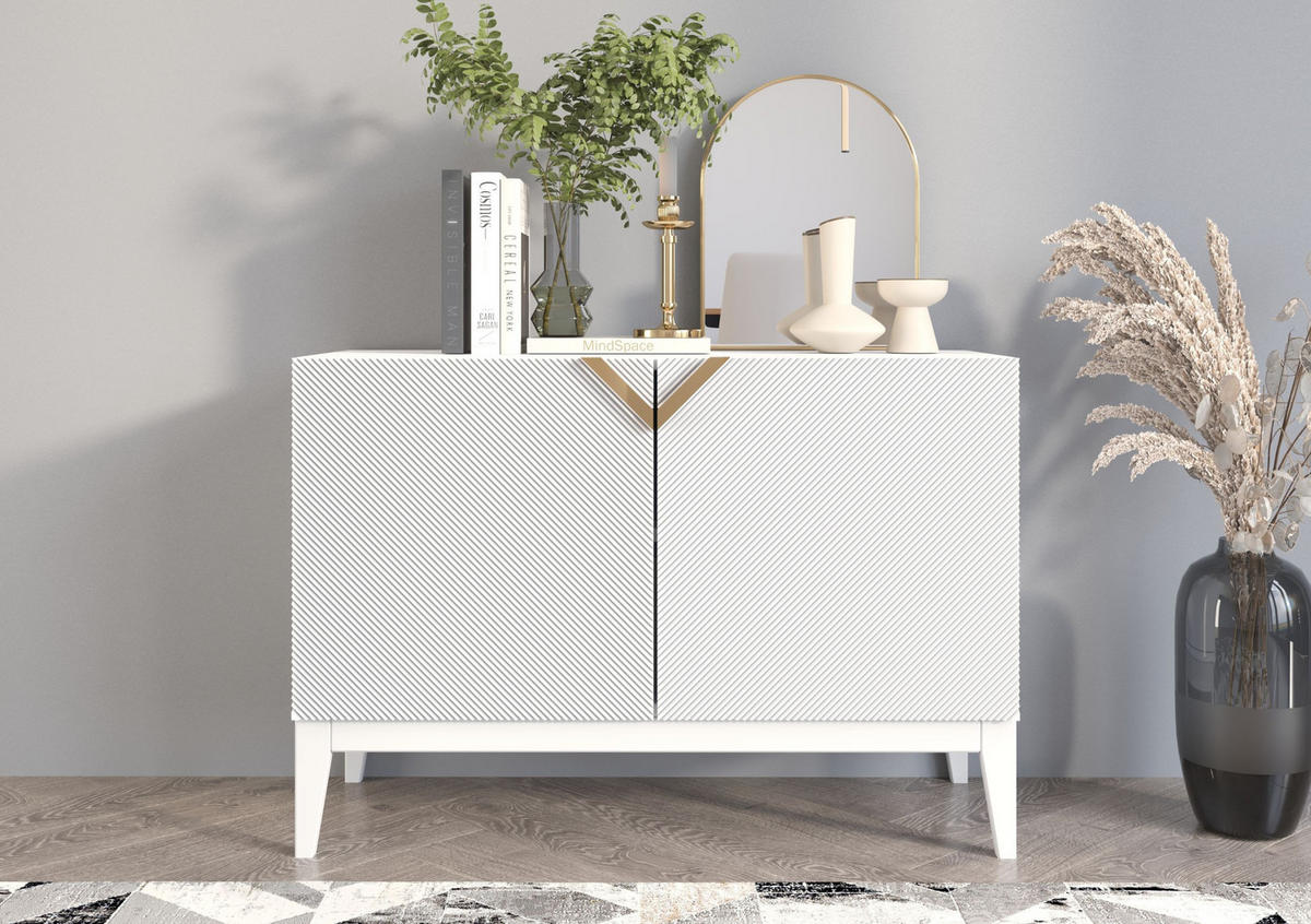SIDEBOARD Demi 2D Long, Weiß-Gold, Mit Gefrästen Fronten, Massive Buche - Weiß, Holz/Holzwerkstoff (100.5/70/42cm) - Visby