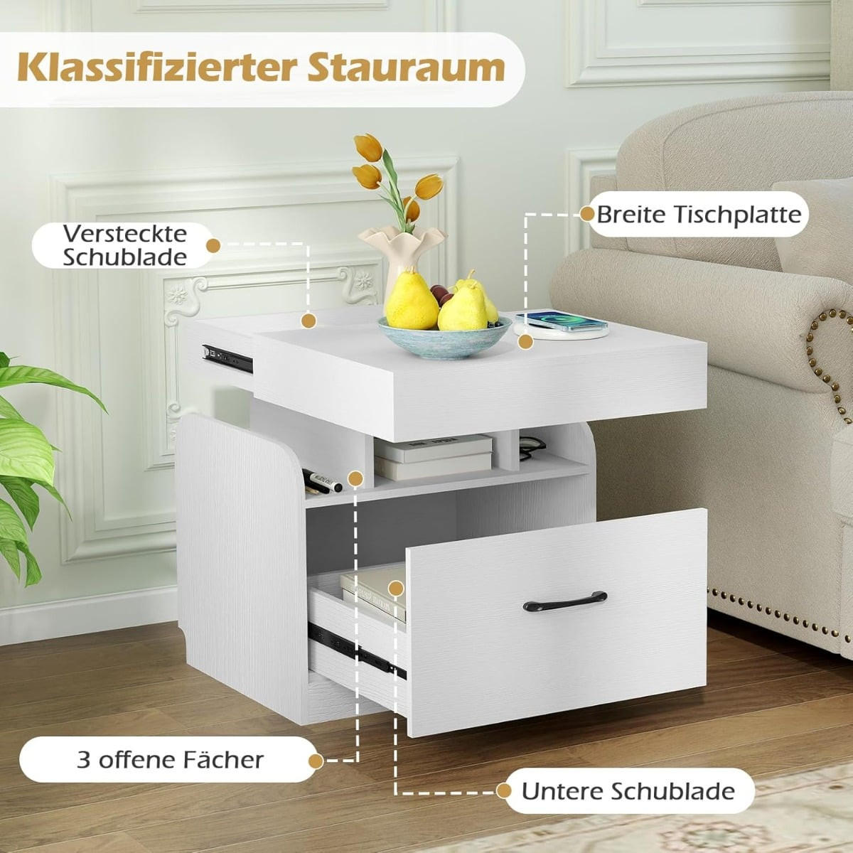NACHTTISCH mit integrierter Ladestation, 1 Schublade, 3 offene Fächer, 50 x 40 x 55 cm, Weiß - Weiß, Holzwerkstoff/Metall (50/55/40cm) - DESIGN IN