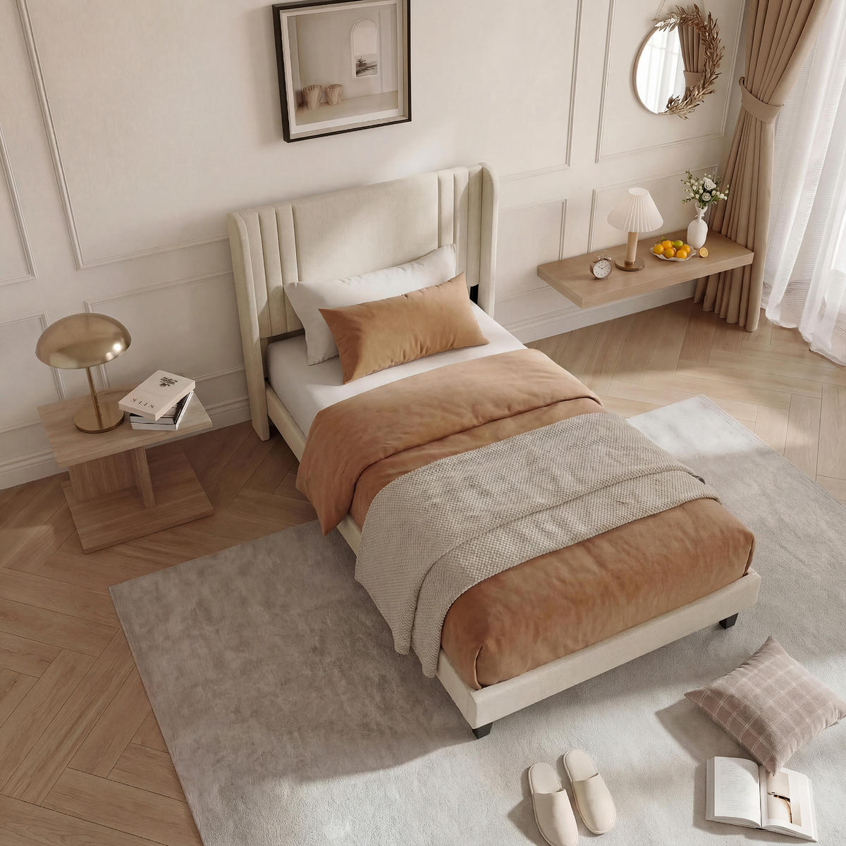 POLSTERBETT 90/200 cm Beige mit Flügelkopfteil und Stauraum - Beige, Holz (90/200cm) - SHOPENTRA