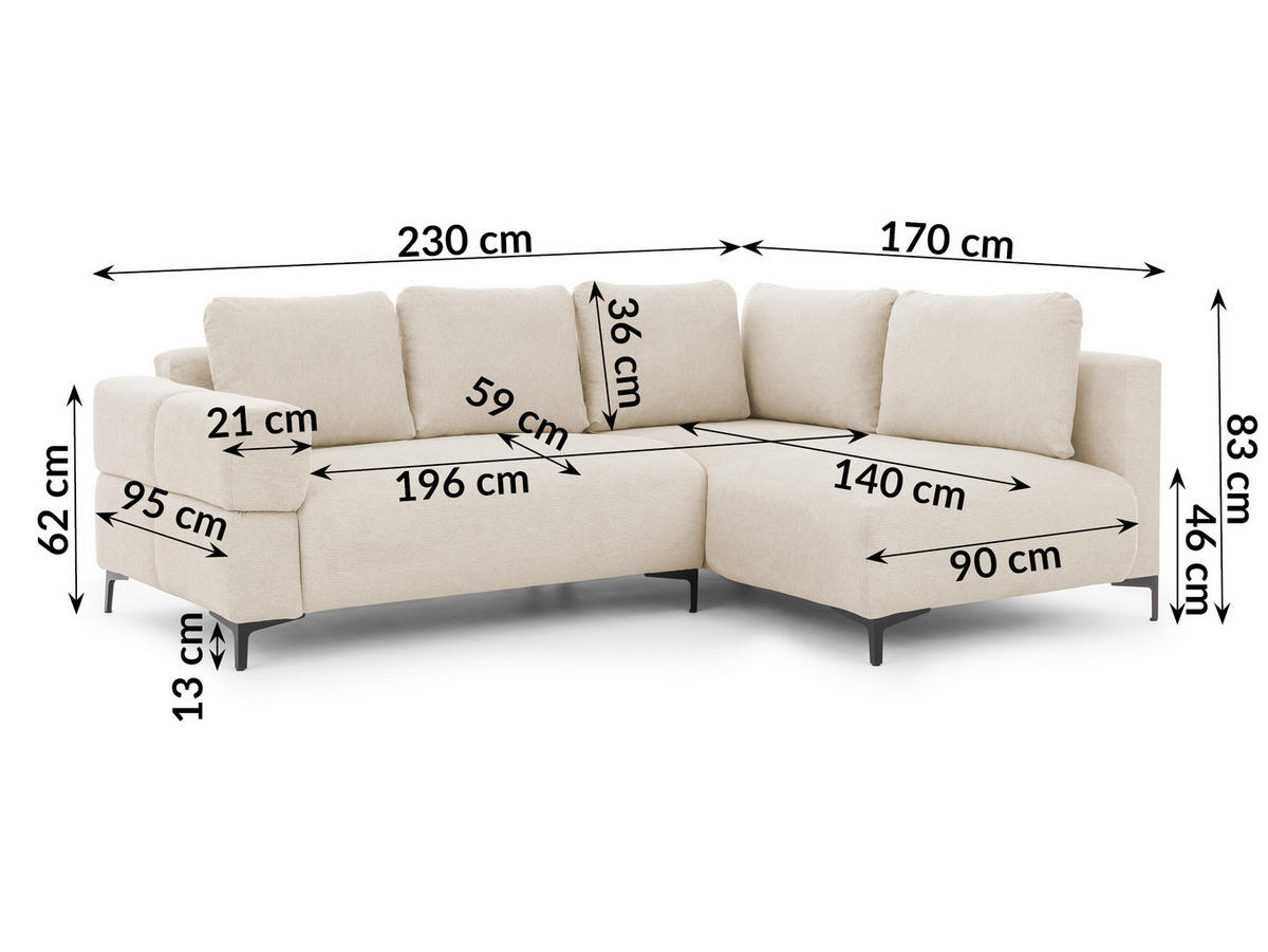 ECKSOFA inkl. Hocker Cardea mit Schlaffunktion in Bubble-Optik aus weichem Hellbeige Strukturstoff und hohem Sitzkomfort - Ottomane rechts - Beige/Schwarz, Holz/Textil (230/170cm) - S-Style Möbel