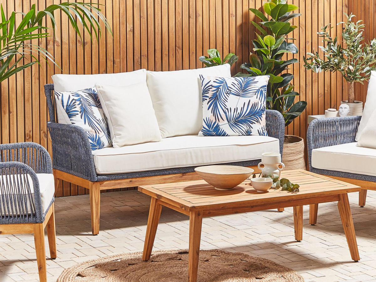GARTENKISSEN 2er-Set Palmenmotiv blau 45/45 cm Elati - Blau, Textil (45/45cm) - Beliani