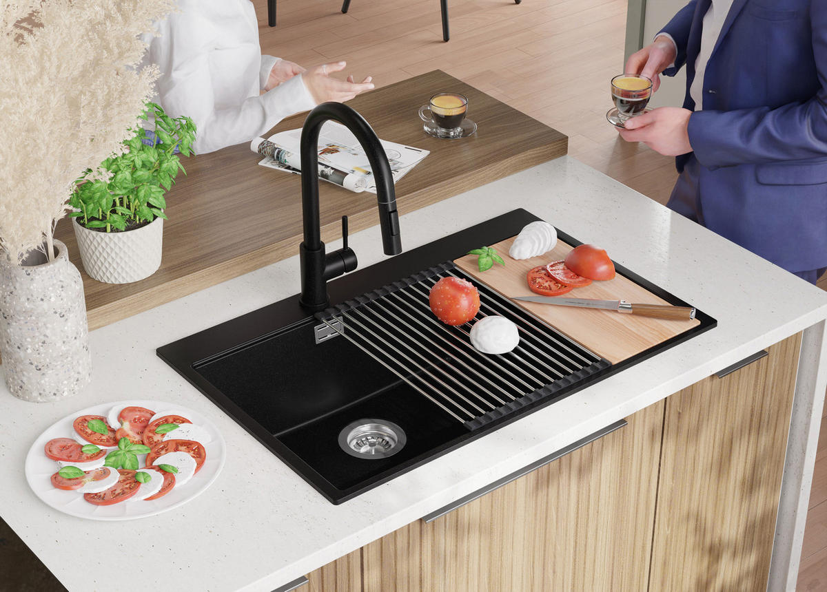 GRANITSPÜLE Oslo Duo, 2-er set Schwarz 78/50 cm 2 Becken + Küchenarmatur 40/20 cm + Ablauf-Set + Schneidebrett ab 80er Unterschrank - Chromfarben/Beige, Kunststoff (78/20/50cm) - Primagran