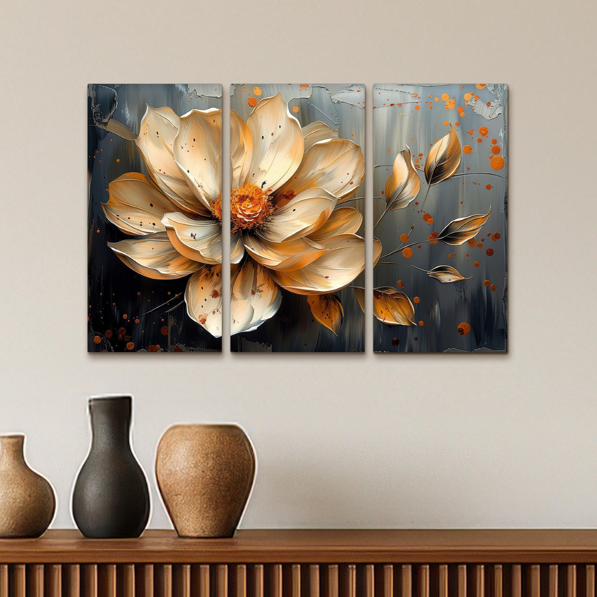 LEINWANDBILD 3er Set Blume - Gold - Abstrakt - Farbe 60x40 cm - Creme, Textil (60/40cm) - MuchoWow