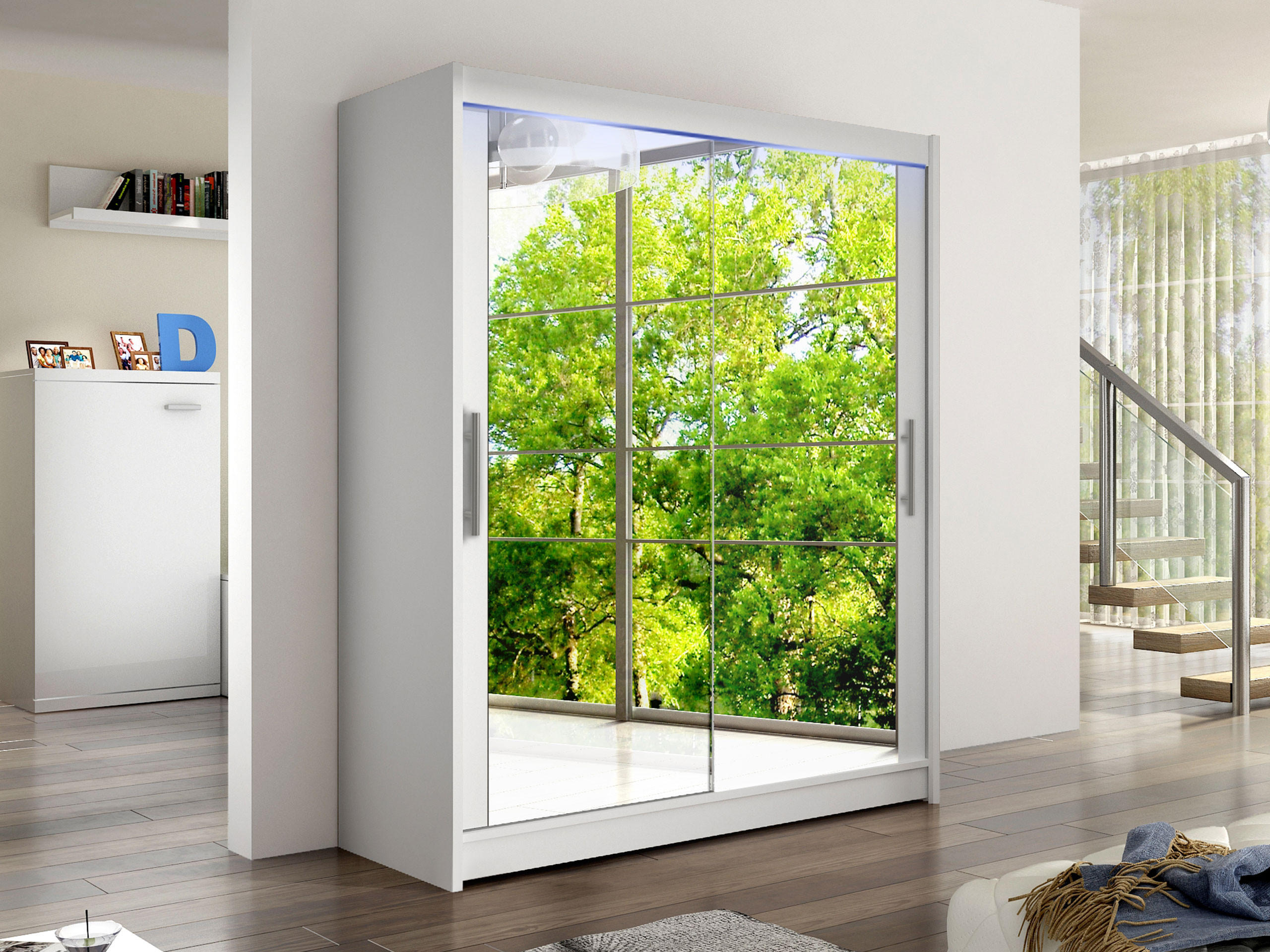 SCHWEBETÜRENSCHRANK Westa XI, mit RGB LED Beleuchtung - Silberfarben/Weiß, Holzwerkstoff/Metall (150/200/58cm) - MIRJAN24