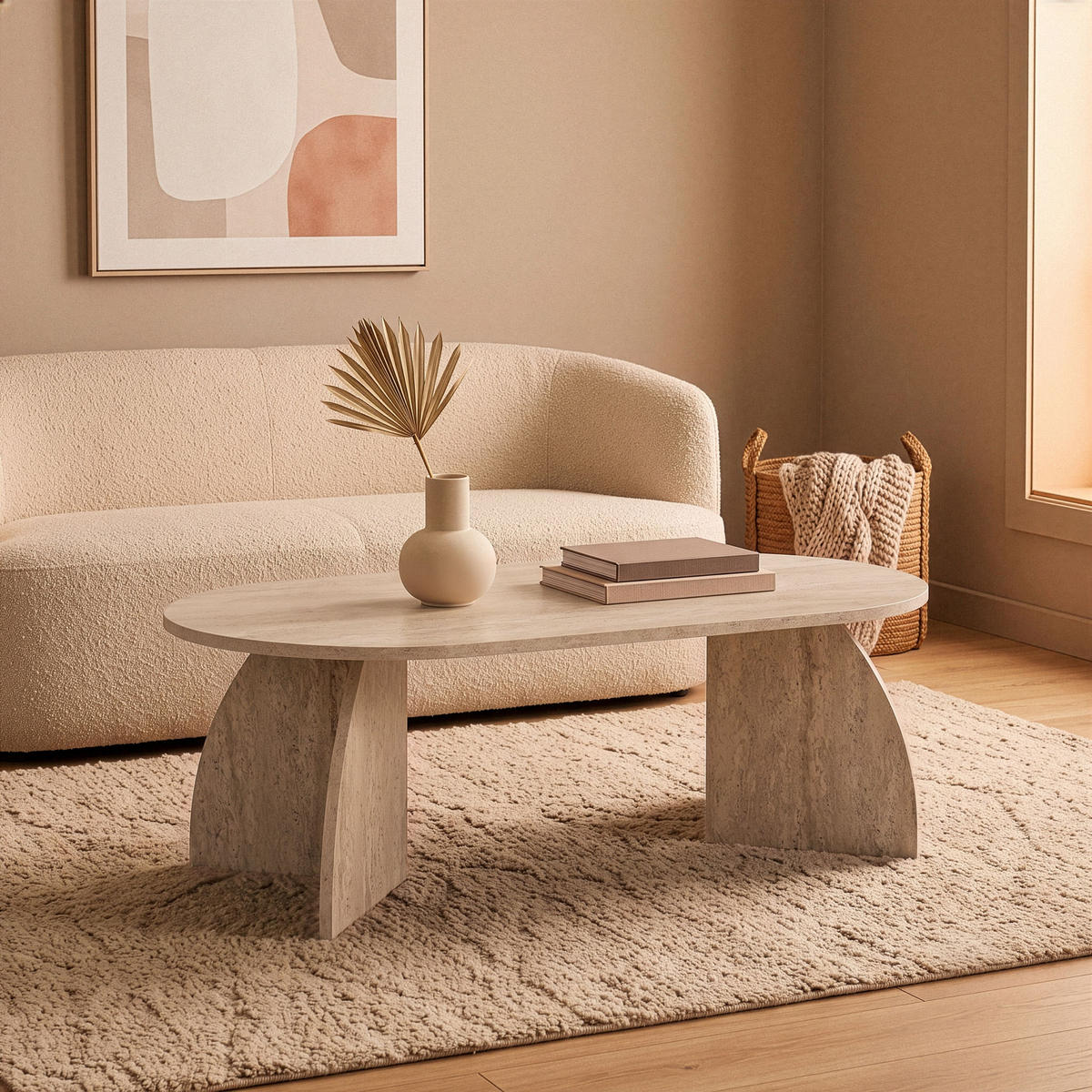 COUCHTISCH mit ovaler Tischplatte und geschwungenen Beinen 120/60/40 cm - Beige, Holzwerkstoff (120/60/40cm) - Calicosy