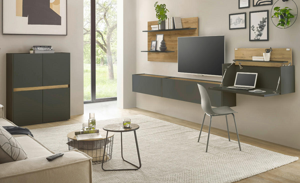 WOHNWAND grau matt, Eiche Wotan 470 cm, Schrankwand mit Sekretär - Eiche Wotan/Grau, Holzwerkstoff/Kunststoff (470/180/40cm) - Furn.Design