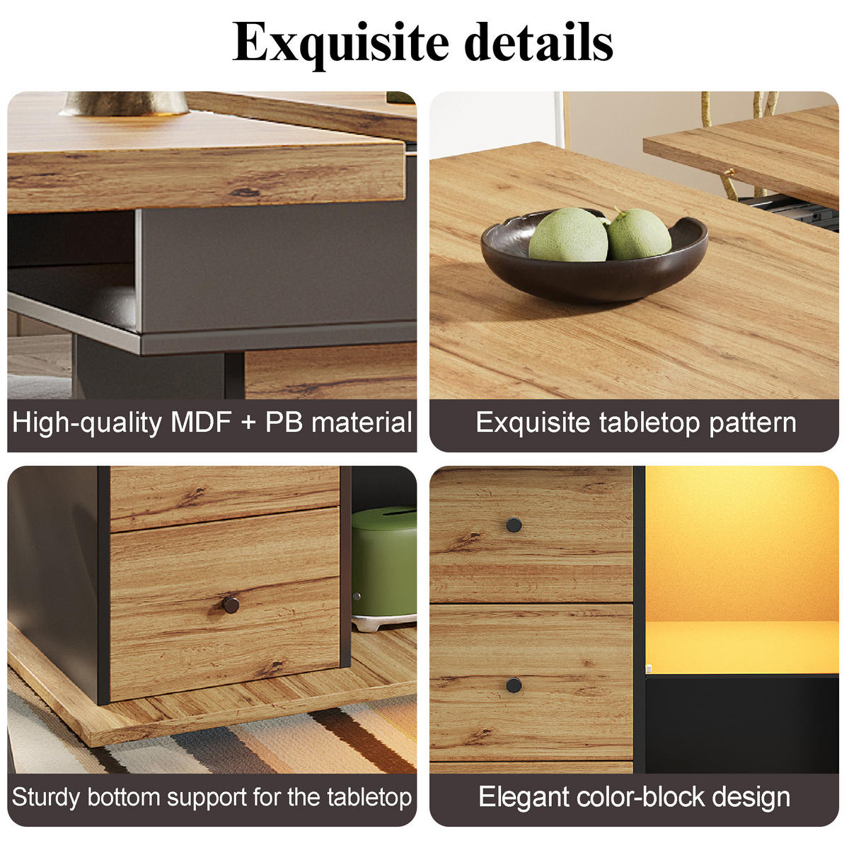 ESSTISCH 110-140/80/75 cm Schwarz/Natur aus MDF mit LED-Beleuchtung - Schwarz, Holzwerkstoff (110/80/75cm) - OKMYHOME