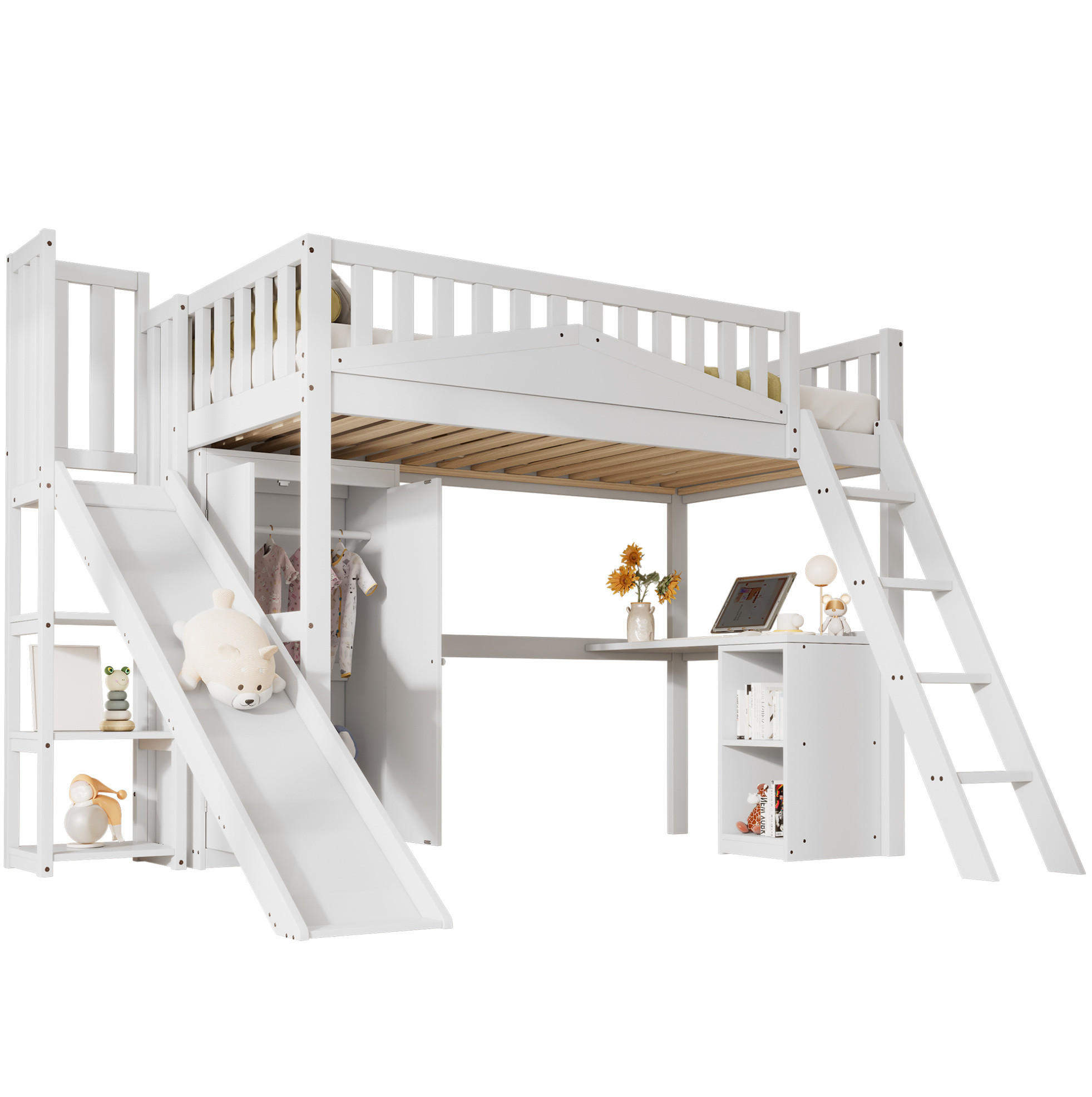HOCHBETT 90/200 cm in Weiß mit Rutsche, Tisch und Kleiderschrank - Weiß, Holzwerkstoff (90/200cm) - BEAOK