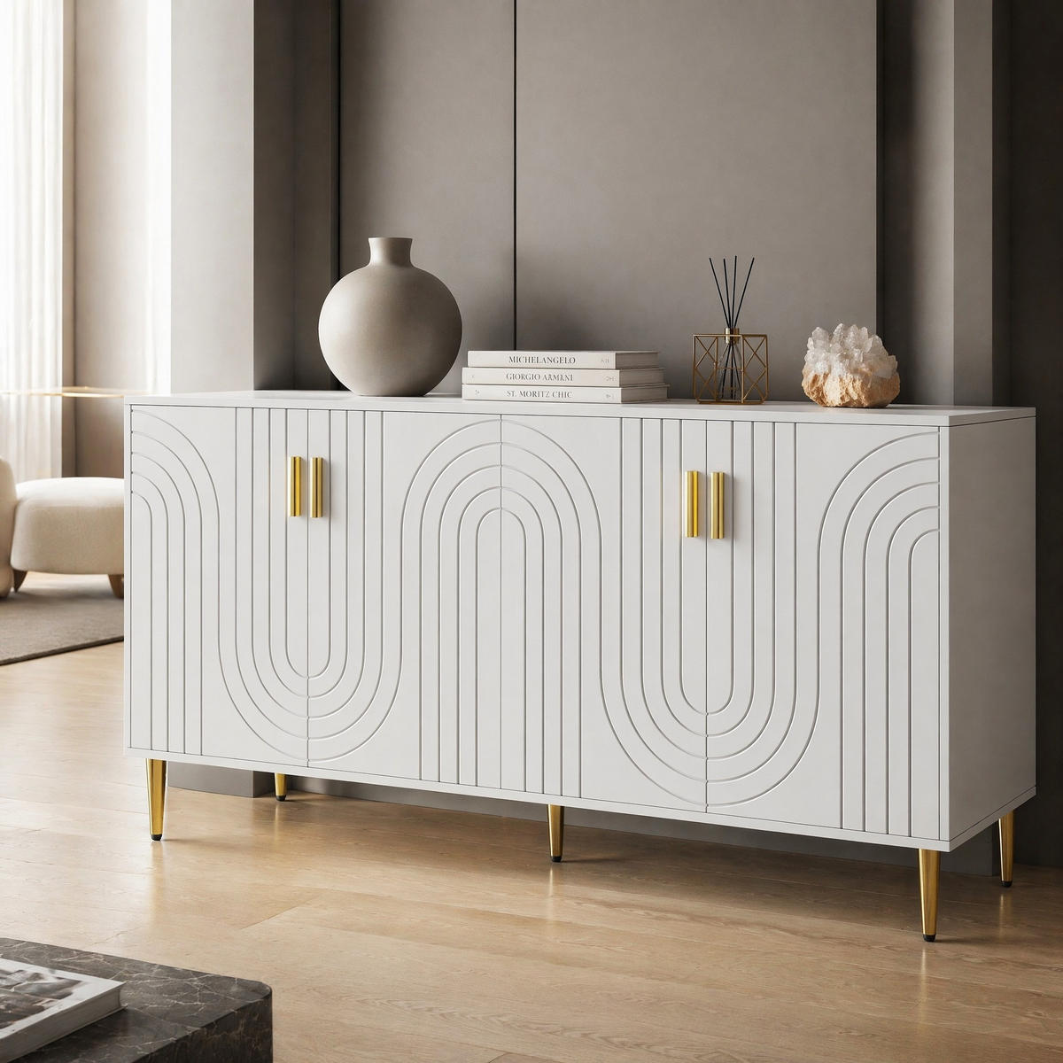 SIDEBOARD aus MDF 152x40x75 cm Weiß mit Wellenfront und goldfarbenen Griffen - Weiß, Holzwerkstoff (152/75/40cm) - IVMEU