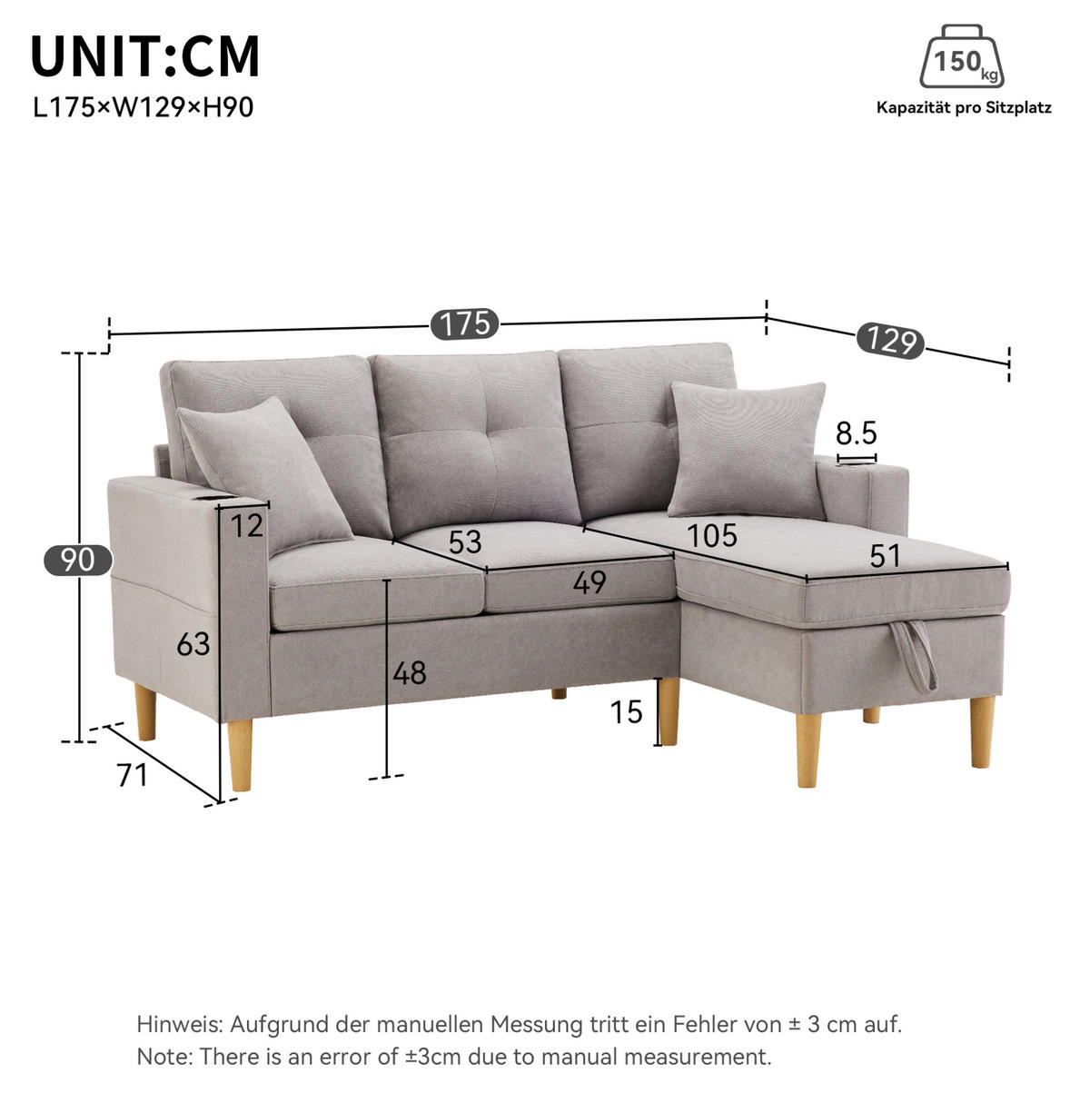 ECKSOFA Baumwolle-Leinen mit Stauraum und Getränkehaltern 175/129/90 cm Hellgrau mit 2 Kissen - Hellgrau, Textil (175/129cm) - Redom