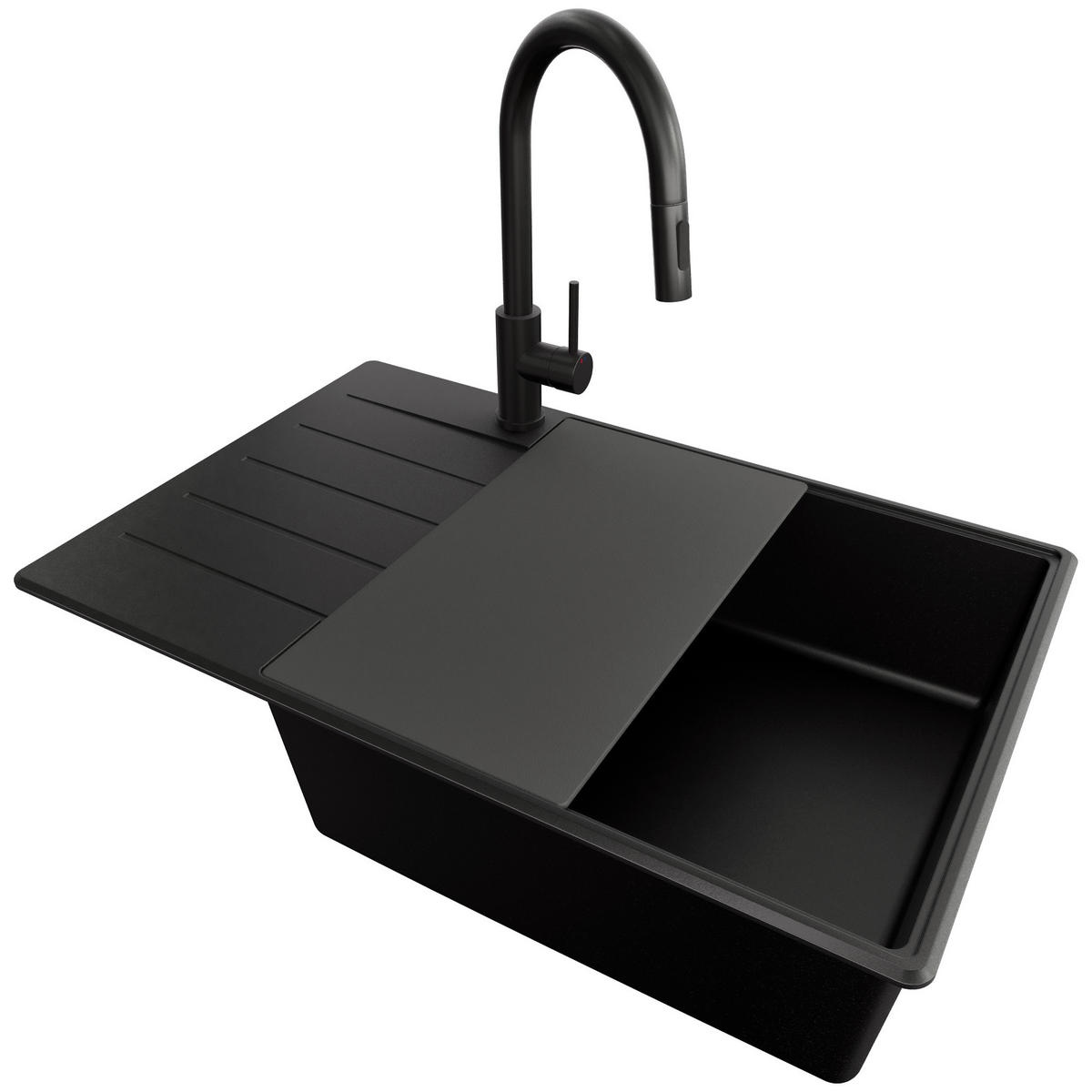 GRANITSPÜLE Kopenhagen, 2-er set Alles Schwarz 78/50 cm 1 Becken + Küchenarmatur 40/20 cm + Ablauf-Set + Schneidebrett ab 60er Unterschrank - Schwarz, Kunststoff (78/20/50cm) - Primagran