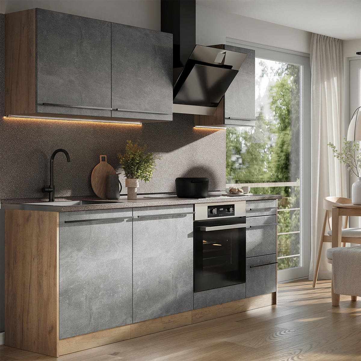 KÜCHENZEILE R-Line, Beton/Goldkraft Eiche, 220 cm Arbeitsplatte Goldkraft Eiche - Honigeiche/Grau, Holzwerkstoff (220/81.6/60cm) - Vicco