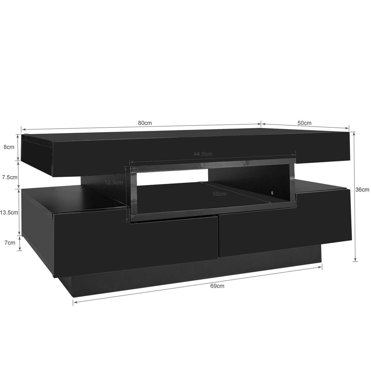 KONFERENČNÍ stolek 80/50/36 cm černý z dřevotřísky s LED osvětlením a úložným prostorem - černá, kompozitní dřevo (80/50/36cm) - OKWISH