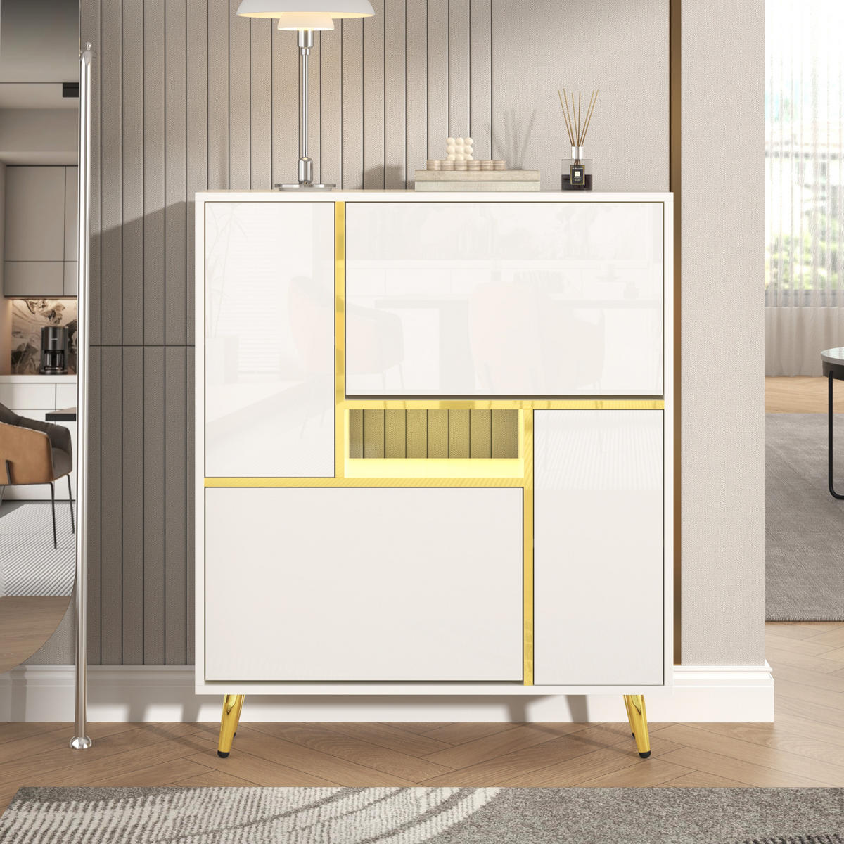 SCHUHSCHRANK in Weiß Hochglanz Schuhkipper mit LED-Licht für Eingangsbereiche, Flur und Schlafzimmer, B80/T25/H96 cm - Goldfarben/Weiß, Holzwerkstoff/Metall (80/96/25cm) - STILVORA