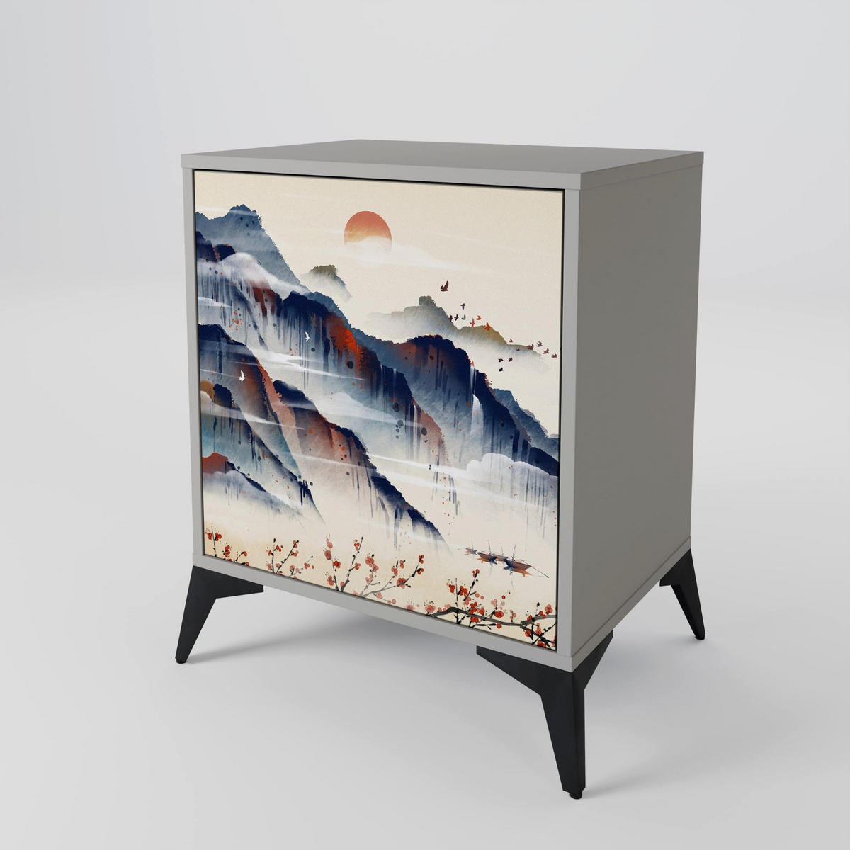 SIDEBOARD JAPANESE LANDSCAPE, Grau, 57,5x42x77,5 cm, Schräge Buchenholzfüße - Buchefarben/Multicolor, Holzwerkstoff/Buchenholz (57.5/77.5/42cm) - SpaceRebels