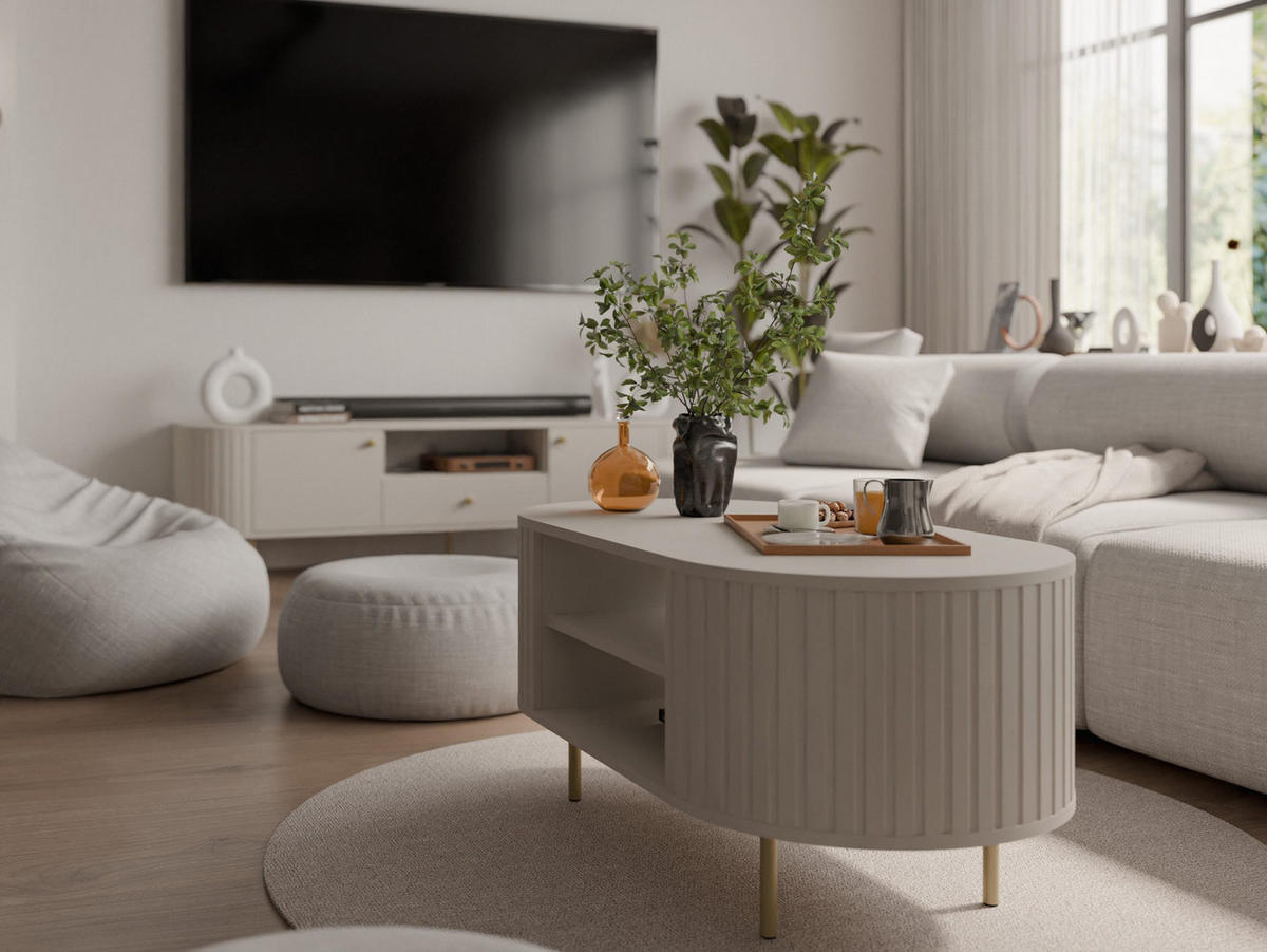 VITRINE mit 2 Schubladen beige OVI - Beige, Holzwerkstoff (97.4/155/42cm) - Compleo24