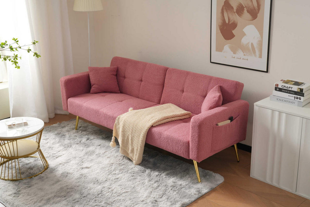 SCHLAFSOFA aus Lammwollstoff 175x64x72 cm Rosa mit verstellbarer Rückenlehne, Bettfunktion und Seitentaschen - Rosa, Kunststoff (64/72/175cm) - Modfu