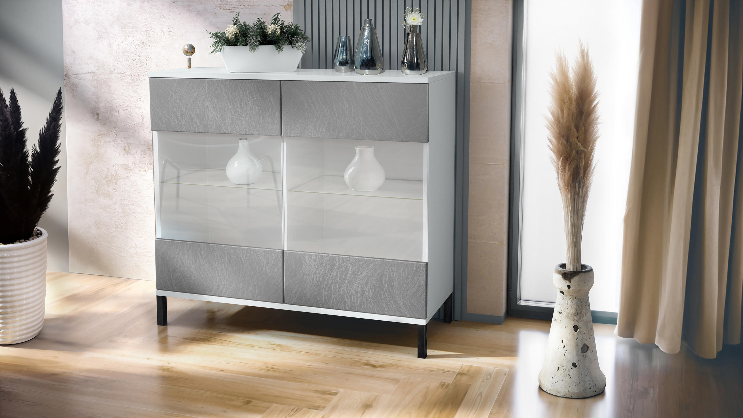 KOMMODE Bari Scratchy Metal - Silberfarben, Holzwerkstoff (92.5/83.5/35cm) - Vladon