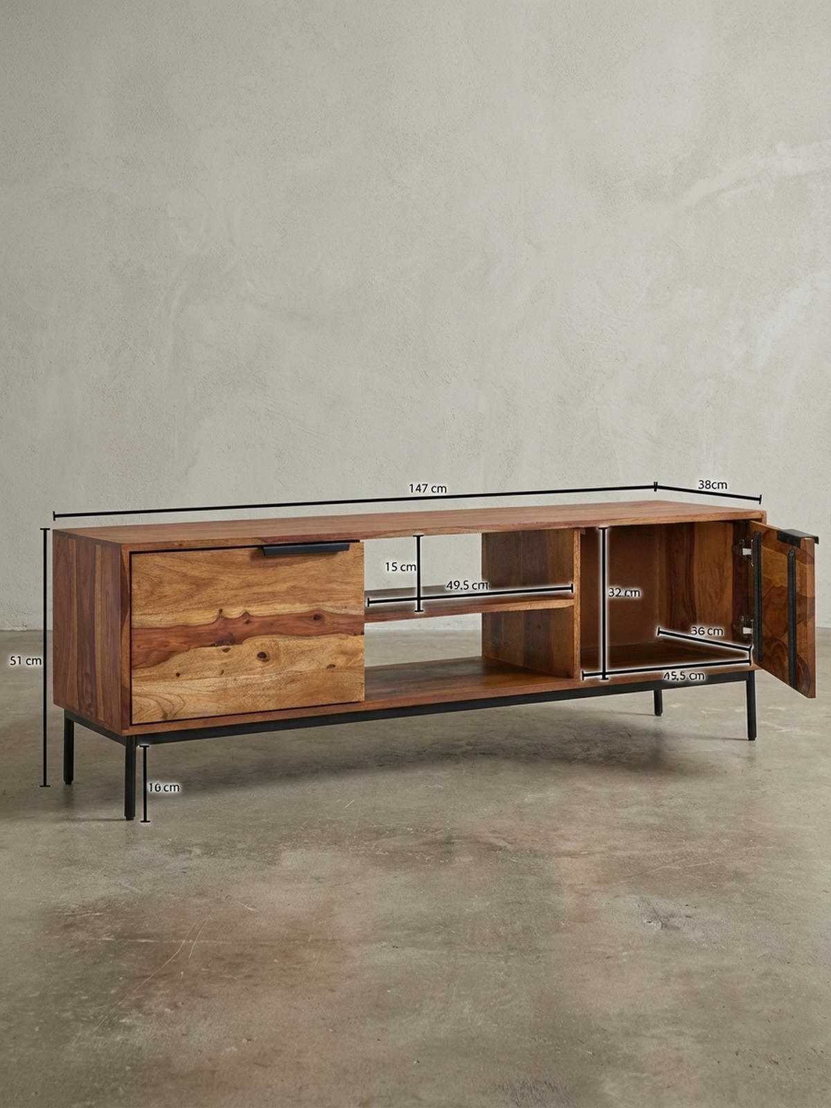 LOWBOARD Massivholz Landhausstil für 60-Zoll Fernseher mit offenen Fächern - Schwarz/Braun, Holz/Metall (147/51/38cm) - KADIMA DESIGN