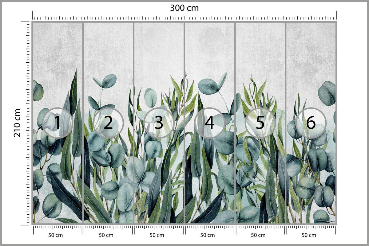 FOTOTAPETE für Wohnzimmer Blätter Beton Aquarell 300x210 - Grau/Grün, Papier (300/210cm) - Muralo