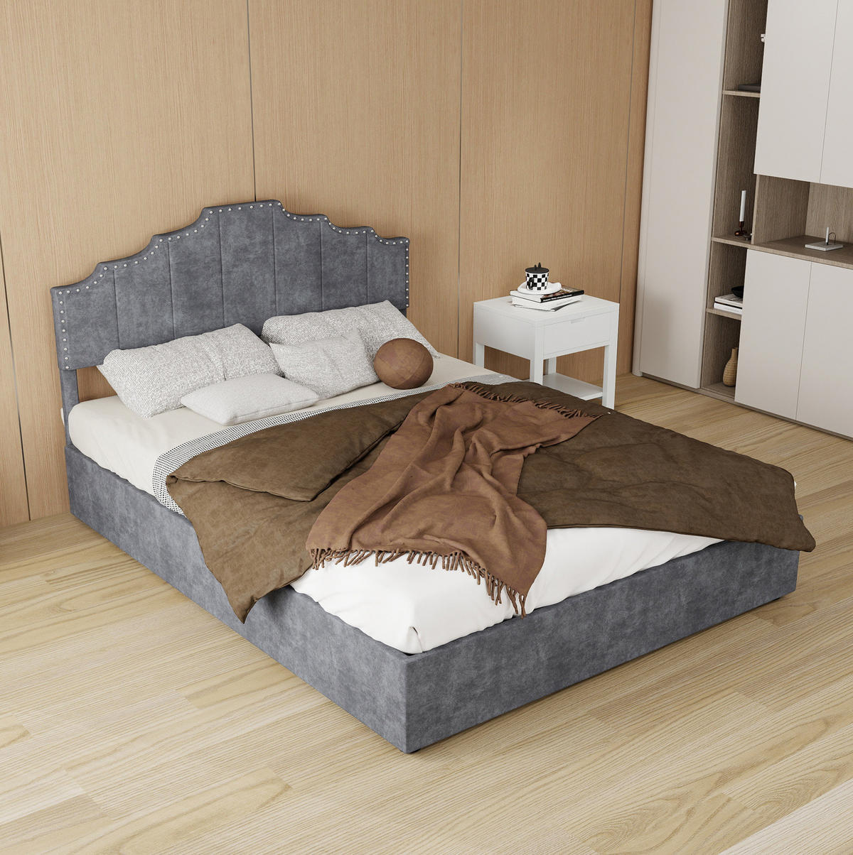 POLSTERBETT 140/200 cm mit Matratze, geometrischem Kopfteil und Bettkasten, Grau - Grau, Textil (140/200cm) - Redom