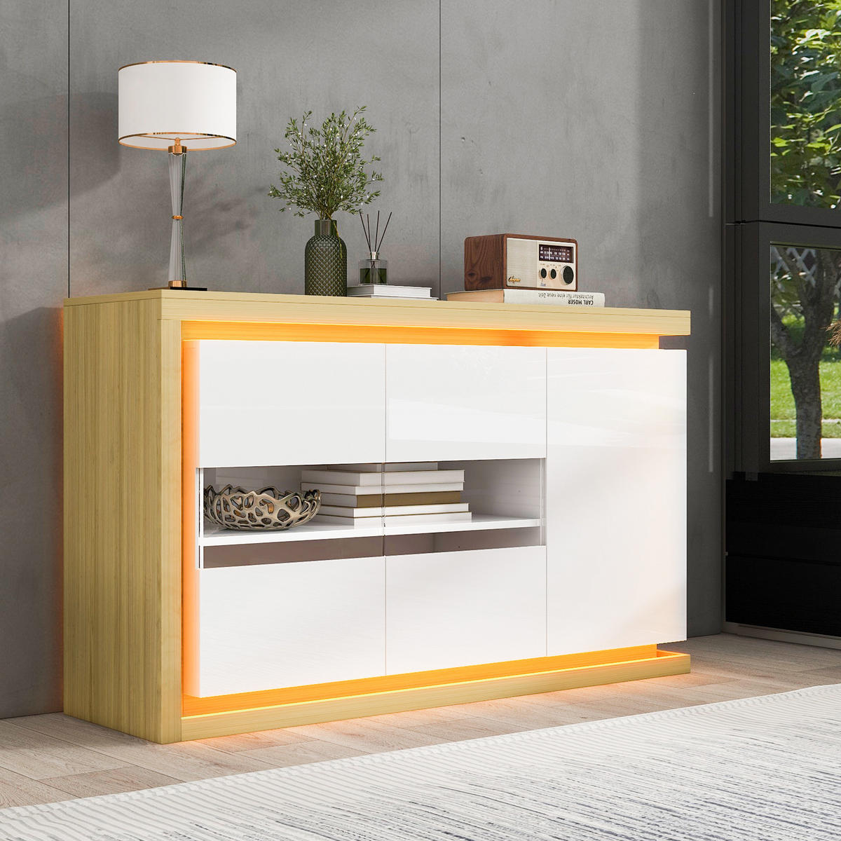 SIDEBOARD Weiß mit Hochglanz‑Front, gehärteten Glastüren und fernbedienbarer LED 140 × 40 × 84 cm - Weiß, Holzwerkstoff (140/84/40cm) - Luhomfu