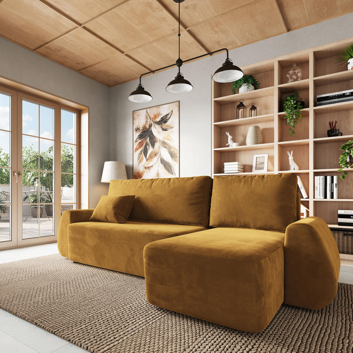 ECKSOFA GALVIS Gelb Velours-Stoff mit Schlaffunktion - Gelb, Holz (256/156cm) - MASSENO