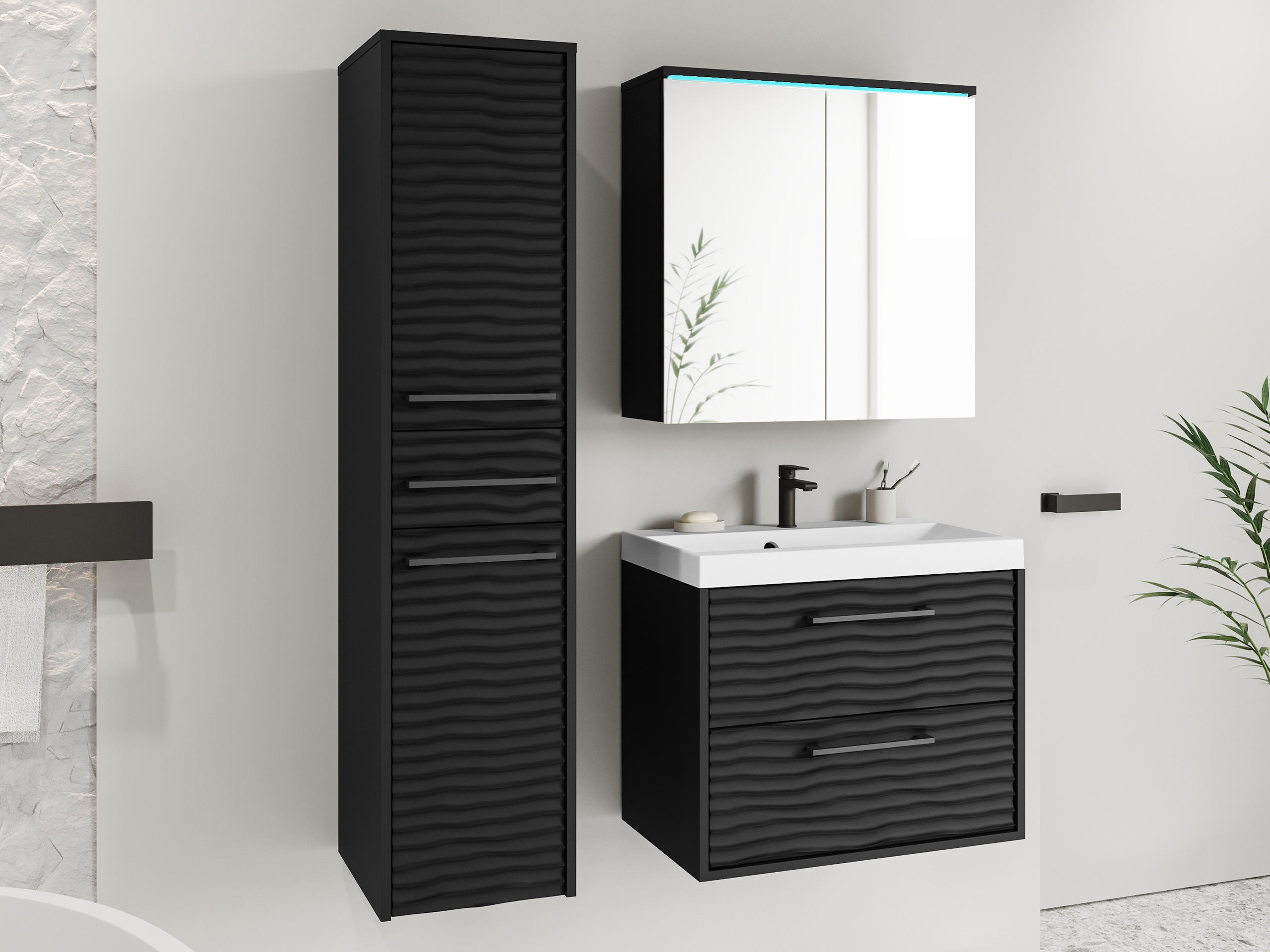 BADMÖBEL-SET Canavas I mit weißer LED Beleuchtung - Schwarz, Holzwerkstoff/Metall (30/130/35cm) - MIRJAN24