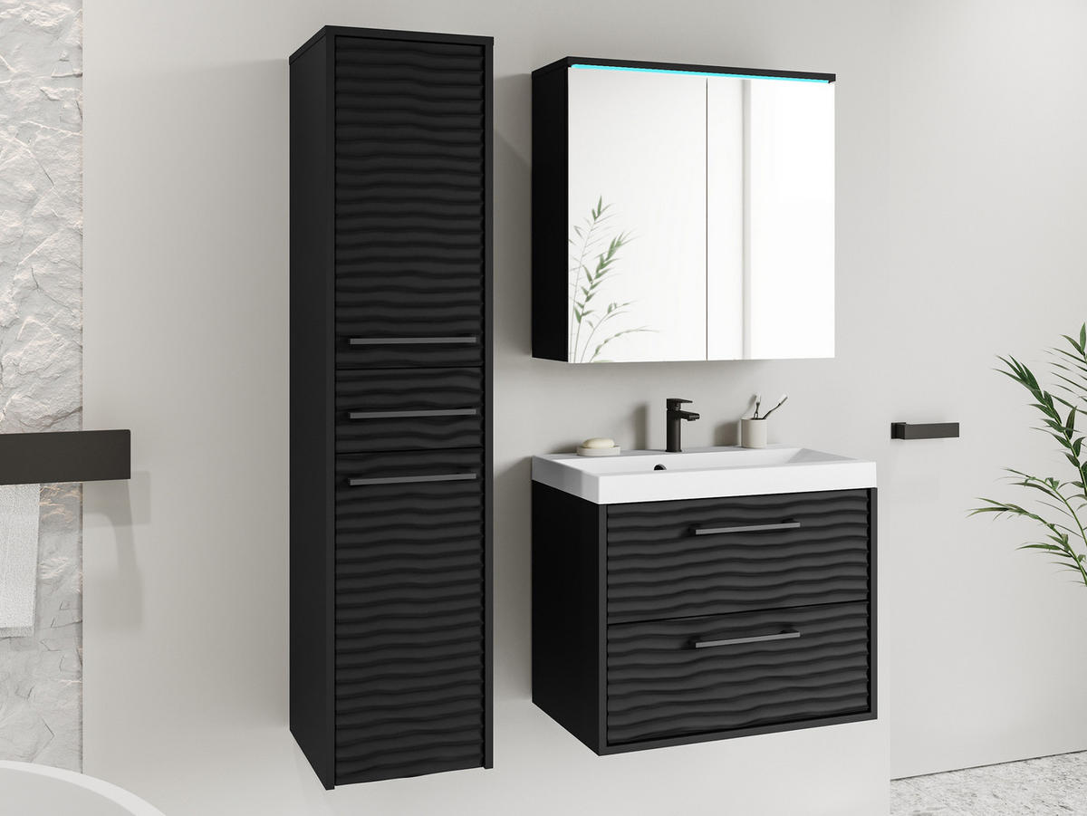 BADMÖBEL-SET Canavas I mit blauer LED Beleuchtung - Schwarz, Holzwerkstoff/Metall (30/130/35cm) - MIRJAN24