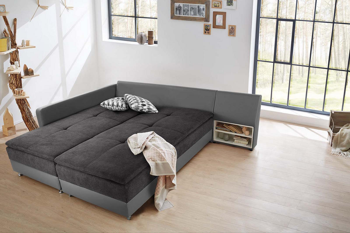 ECKSOFA-DAUERSCHLÄFER Doppelbett Boxspring Federkern Topper, Schwenkteil rechts B306/T223/H95 cm, Kunstleder Grau+Mikrofaser Anthrazit / 15106 - Chromfarben/Anthrazit, Textil/Metall (306/223cm) - luma-home