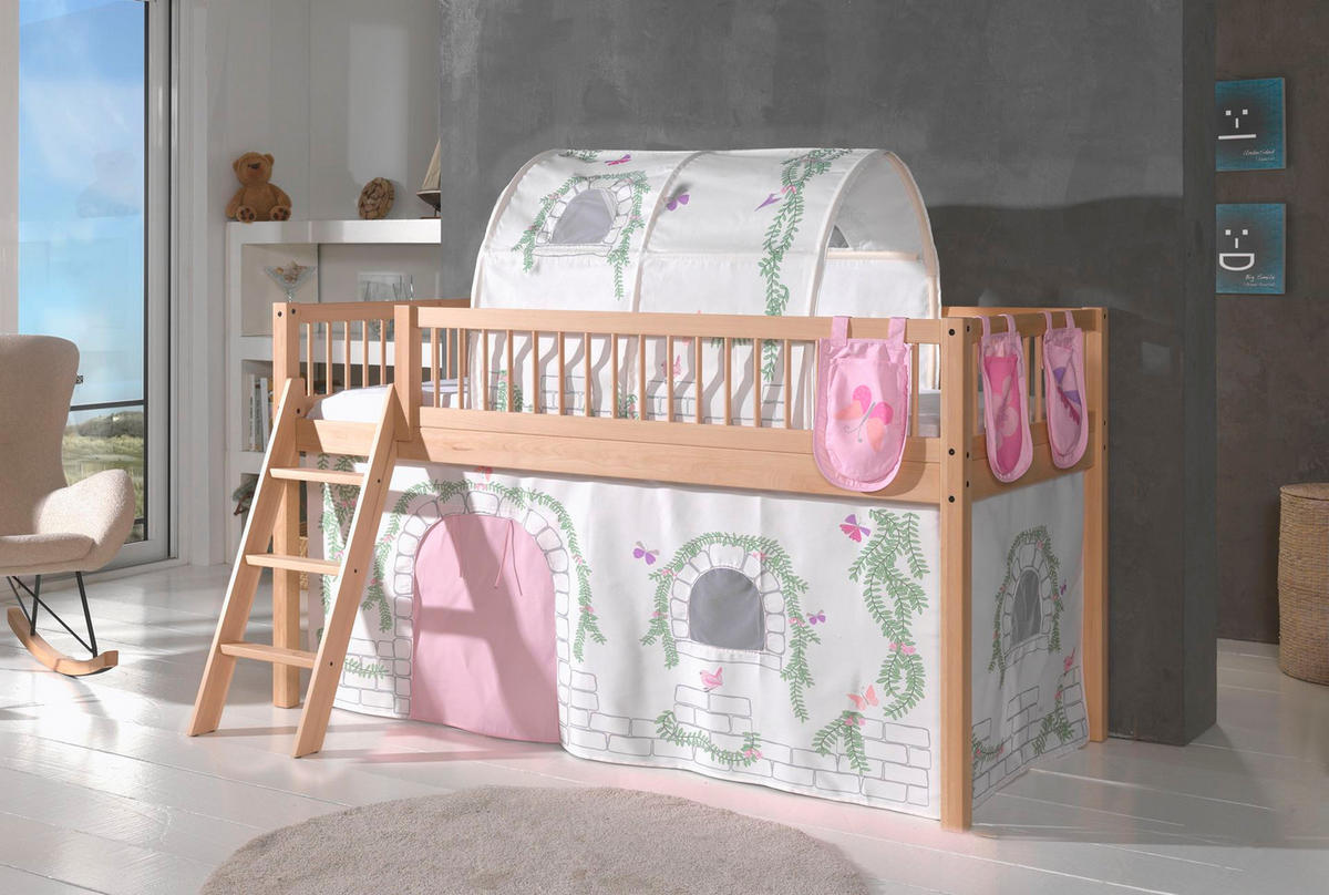 HALBHOHES BETT Kelci 90x200 Textilset Birdy mit Tunnel Buche massiv - Buchefarben, Holz (90/200cm) - 58aufmkessel