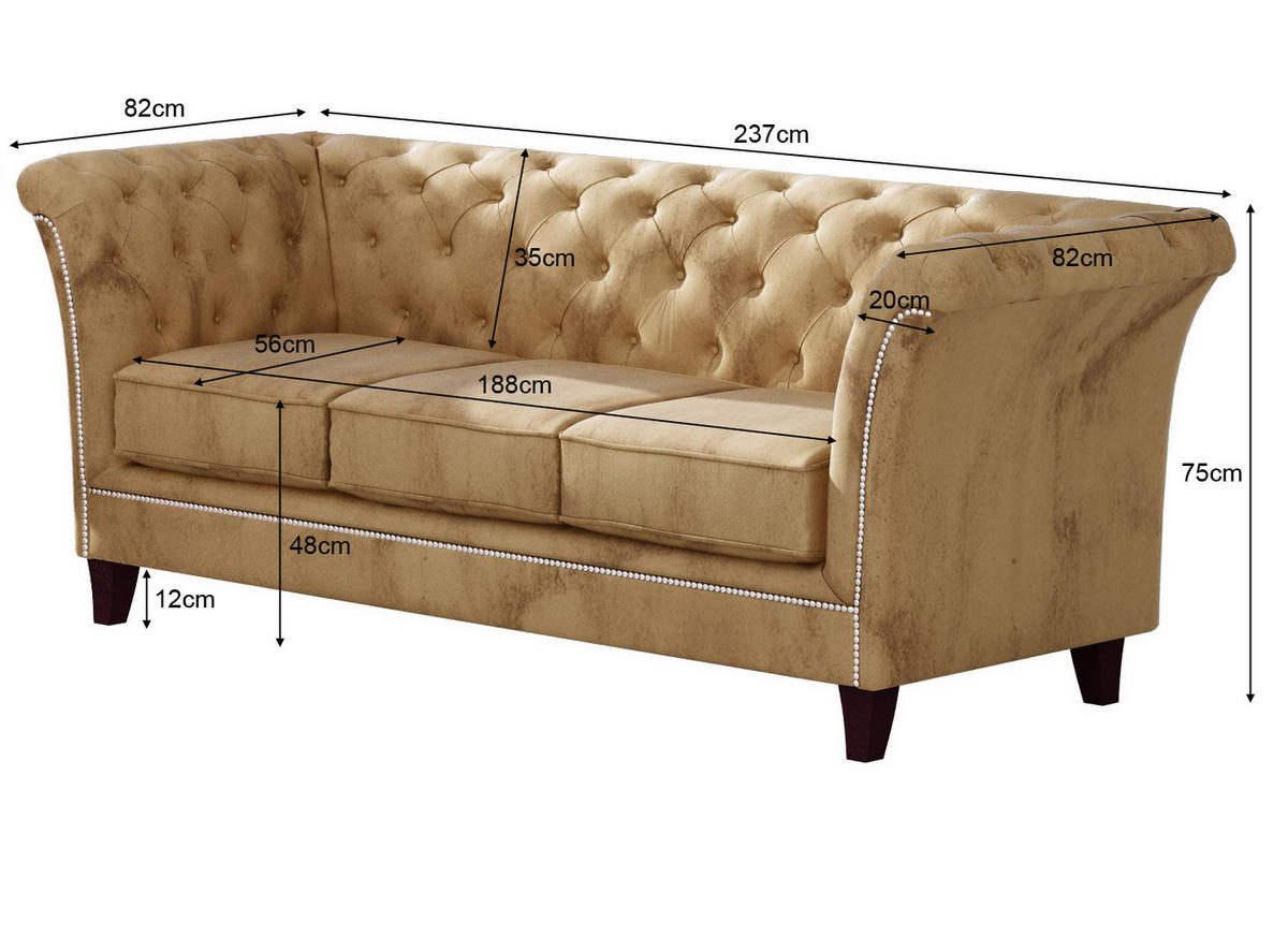 CHESTERFIELD-SOFA 3-Sitzer Fusion Beige Samt - Beige/Braun, Holz/Textil (237/75/82cm) - S-Style Möbel