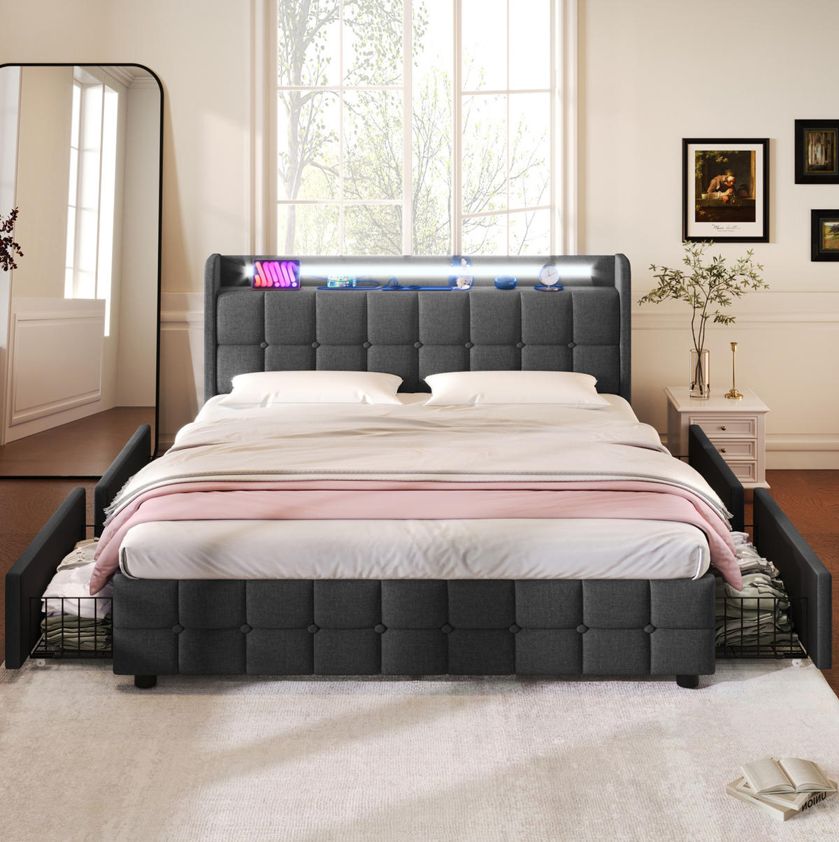 POLSTERBETT 140/200 cm mit LED-Beleuchtung, USB und 4 Schubladen in Grau - Grau, Holz (140/200cm) - BEAOK