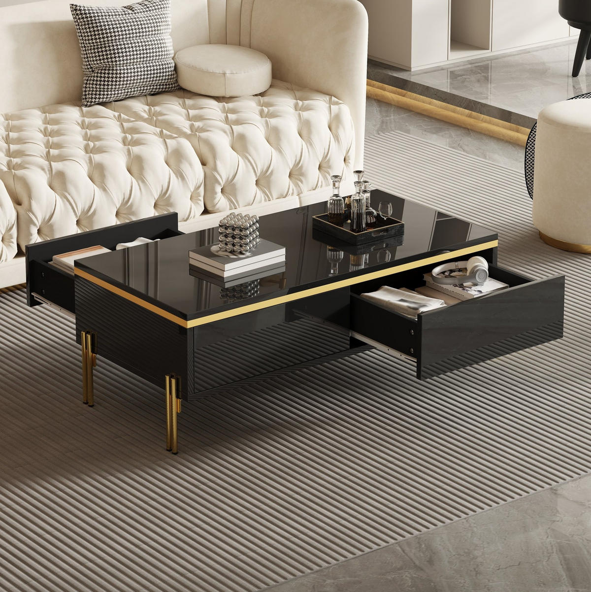 COUCHTISCH mit 2 Schubladen 100 x 50 cm Schwarz Hochglanz - Schwarz, Holzwerkstoff (100/50/36cm) - Meubliv