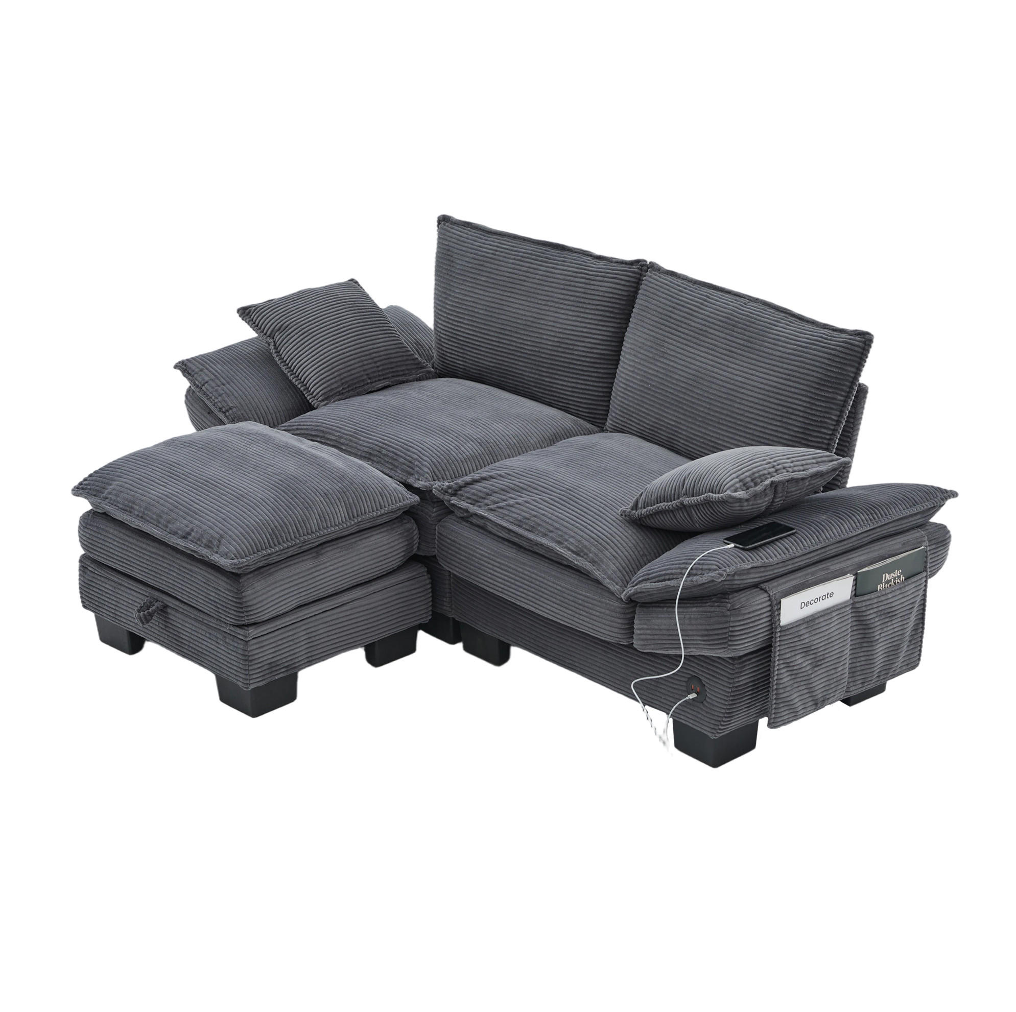 ECKSOFA aus Cord 190x132x84 cm in Dunkelgrau mit Hocker & USB-C - Dunkelgrau, Textil (132/190cm) - Modfu