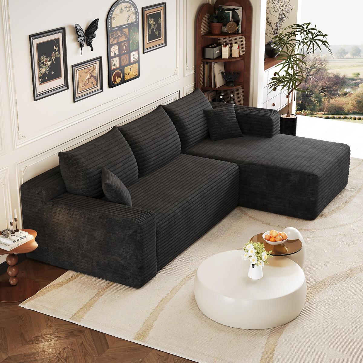 ECKSOFA Cord Schwarz Ohne Montage - Schwarz, Textil (241/151cm) - WISHDOR