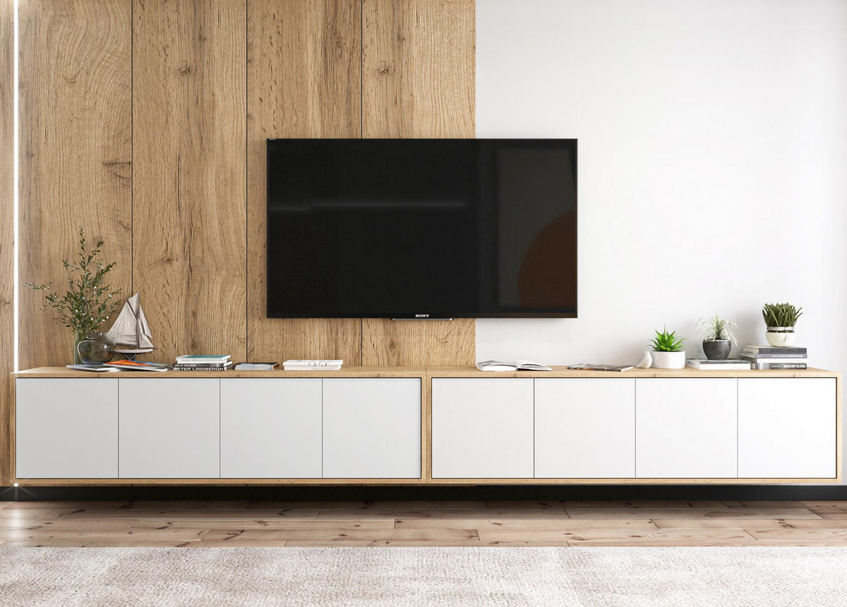 TV-LOWBOARD 2-er Set Apollo2 Eiche wotan Weiß Matt 150 cm - Weiß, Holzwerkstoff (300/39/35cm) - Meble Lindner