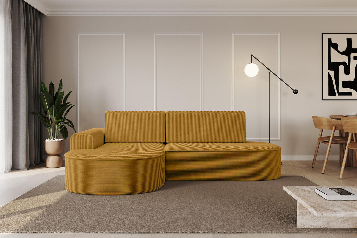 ECKSOFA mit Schlaffunktion und Bettkasten Ottomane Links MARI-L1-S - 283x167x85 cm Senfgelb Cord - Gelb/Schwarz, Holzwerkstoff/Kunststoff (283/167cm) - ALTDECOR