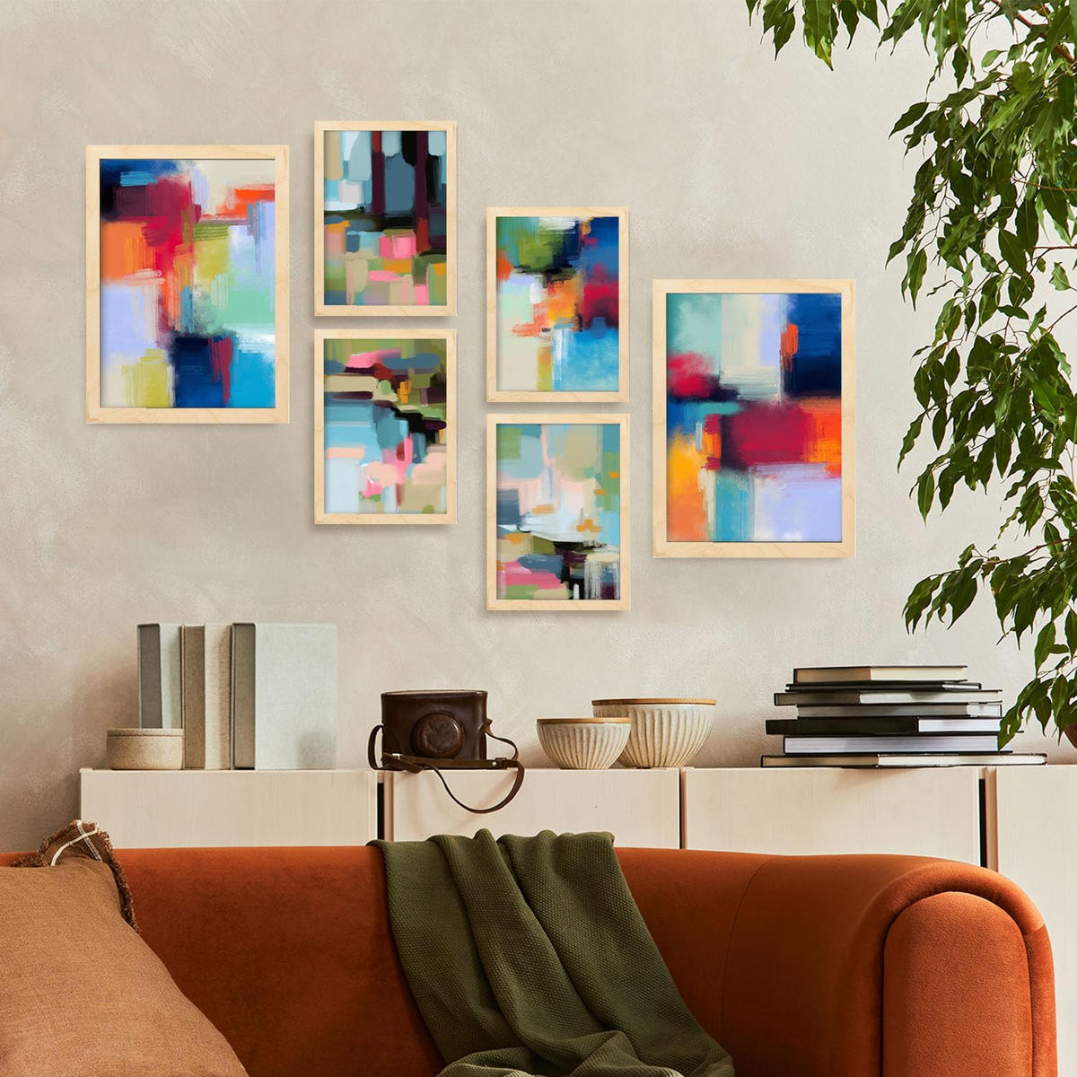 POSTER Set Mit 6 Victorian Shades 1 In Farbenfrohe Abstracts Ästhetische Dekorative Gemälde Für Ihr Wohnzimmer Zuhause A3 & A4 Rahmen Aus Hellem Holz - Beige, Papier (29/3cm) - Nacnic
