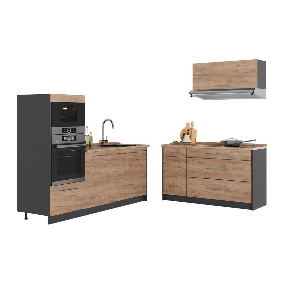 KÜCHENZEILE Fame-Line, Goldkraft Eiche/Anthrazit, 340 cm ohne Arbeitsplatte - Honigeiche/Anthrazit, Holzwerkstoff (340/153.6/51.6cm) - Vicco