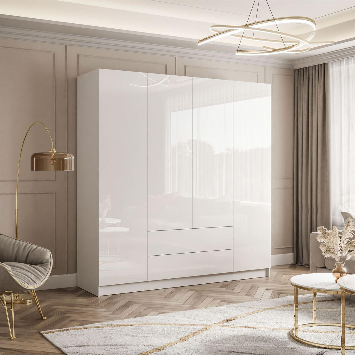 KLEIDERSCHRANK AUREL 4D2SZ mit Schubladen - Weiß Hochglanz, Holzwerkstoff (200/200/57cm) - Lookway