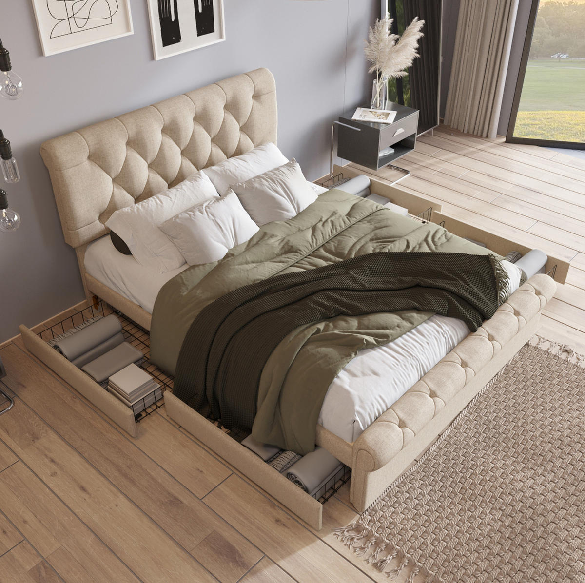 BETT mit 4 Schubladen 140x200 cm Leinen Natur inkl. Matratze - Beige, Holz (140/200cm) - Meubliv
