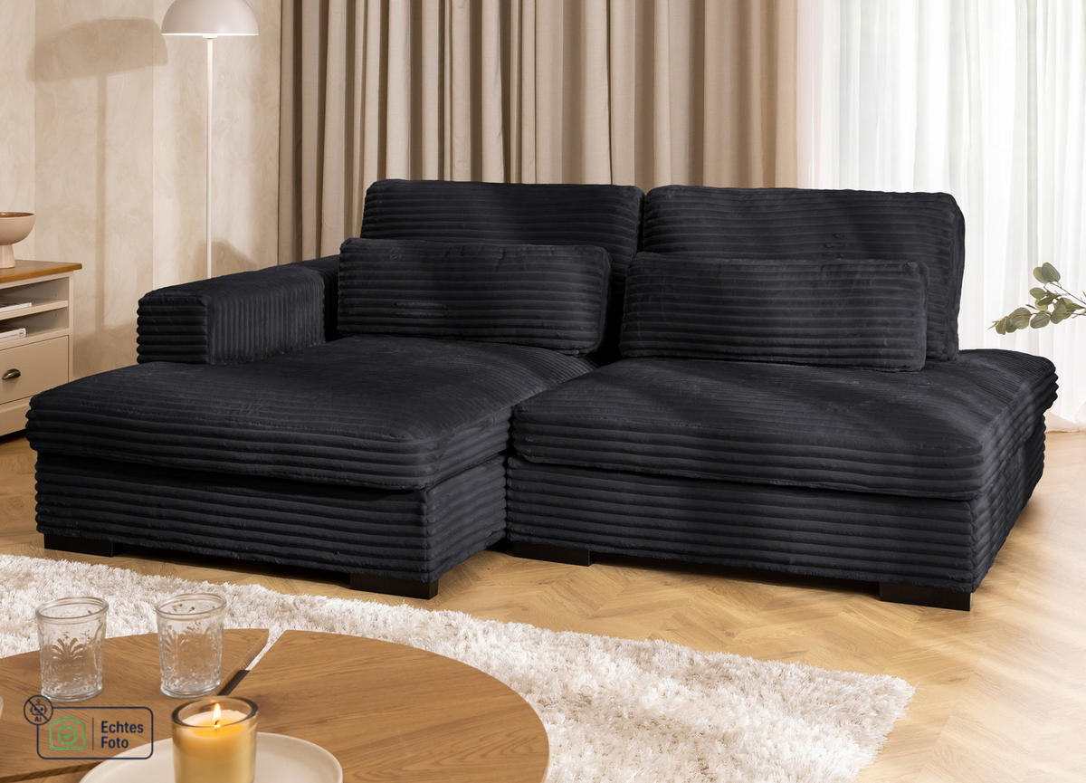 ECKSOFA Wolke mit tiefer Sitzfläche, Schlaffunktion und praktischem Bettkasten aus weichem Schwarz Cordstoff - Schwarz, Holz/Kunststoff (162/225cm) - S-Style