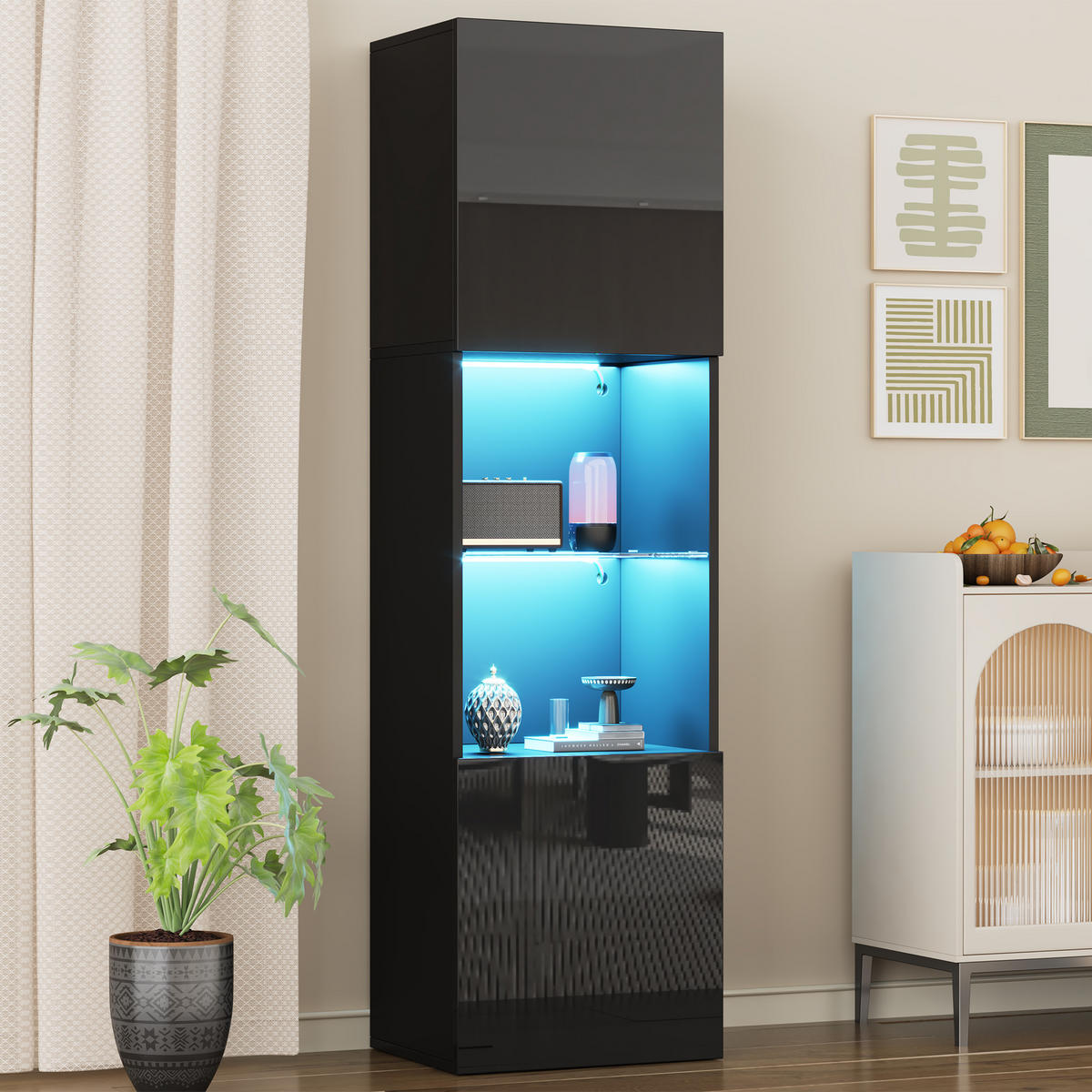 VITRINE 45x35x160 cm Schwarz Hochglanz mit LED - Schwarz, Holzwerkstoff (45/160/35cm) - FLIEKS