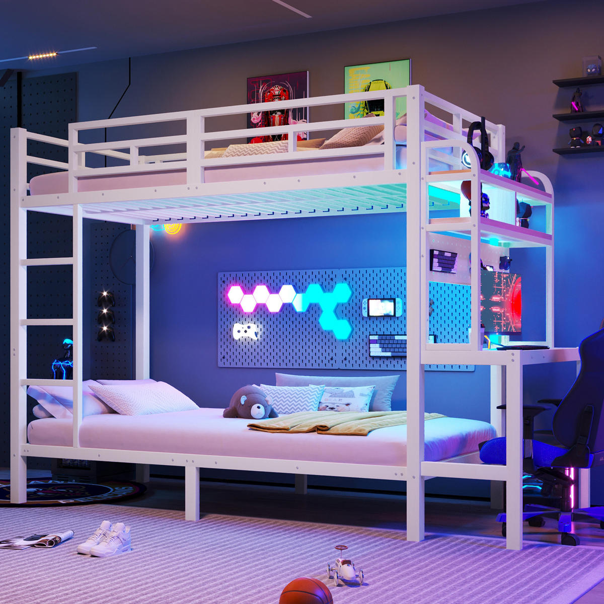 ETAGENBETT 90/200 cm Weiß mit LED, USB und Schreibtisch ohne Matratze - Weiß, Metall (90/200cm) - MIVRAY