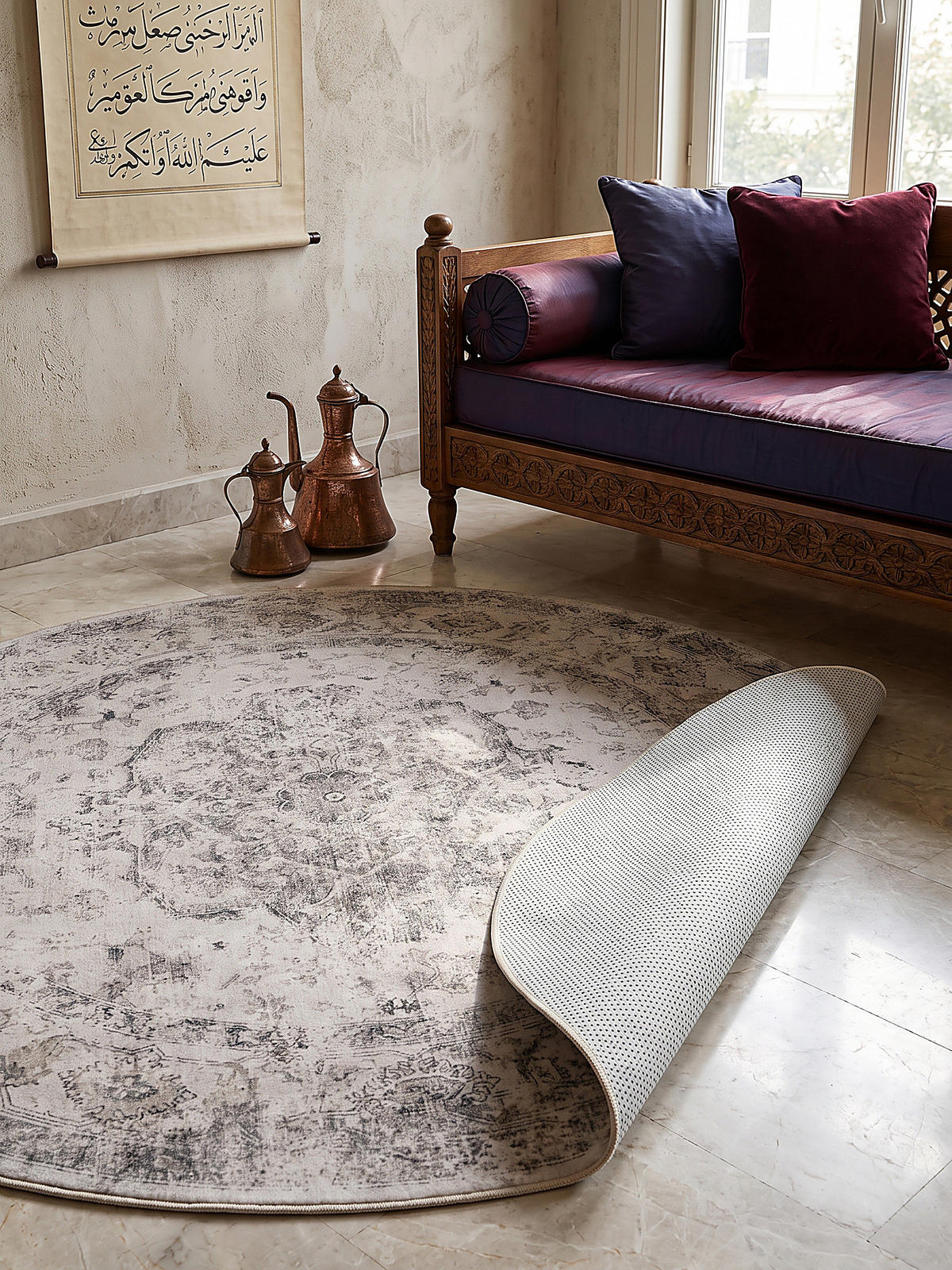 TEPPICH Kurzflor, waschbar, mit floralen Ornamenten, VERNANTE in Beige-Grau, Ø 160 cm - Beige, Textil (160/160cm) - KADIMA DESIGN